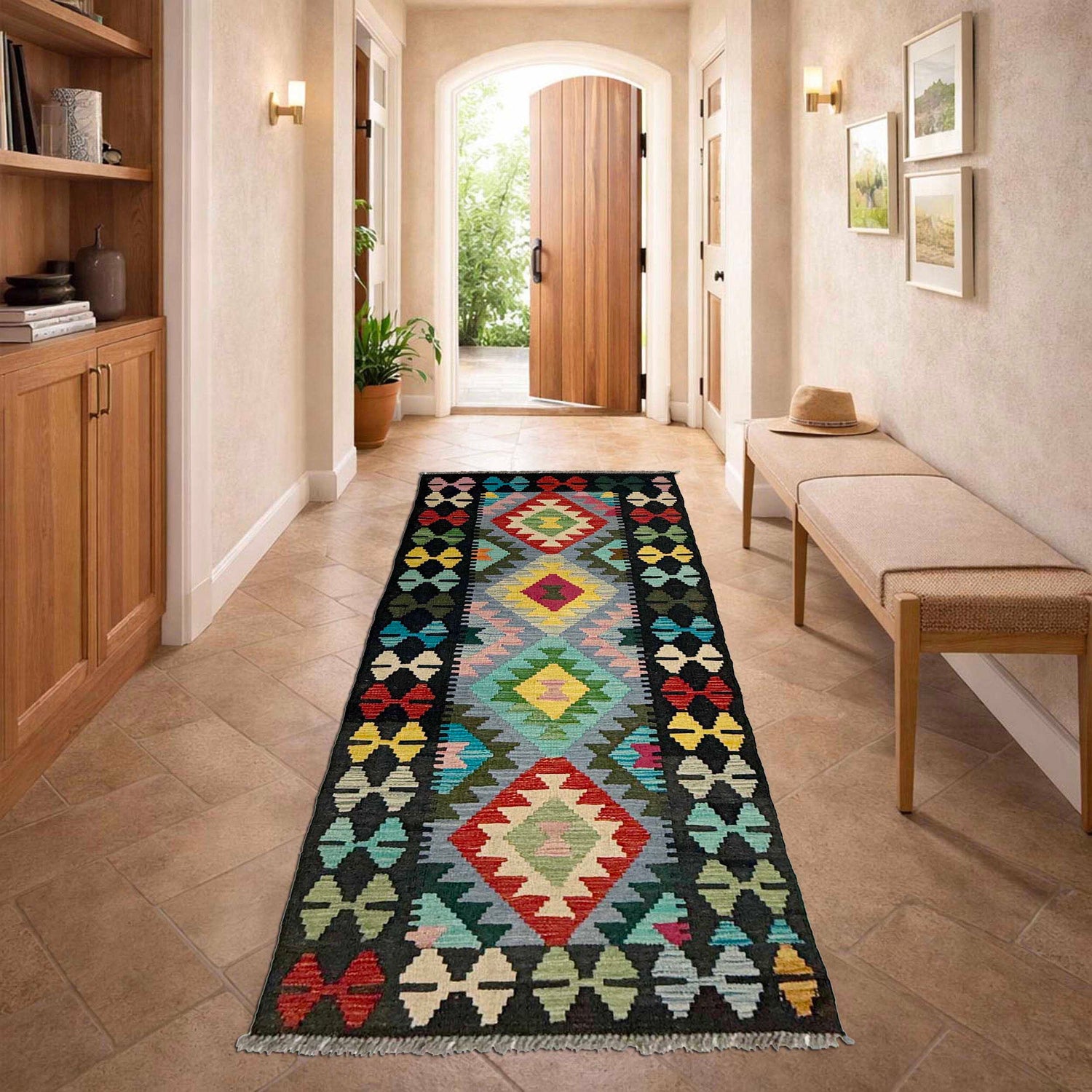 Hand Knotted Afghan Style Kilim Runner 2' 2" x 6' 6" ft / 67 x 197 cm - No. R38817