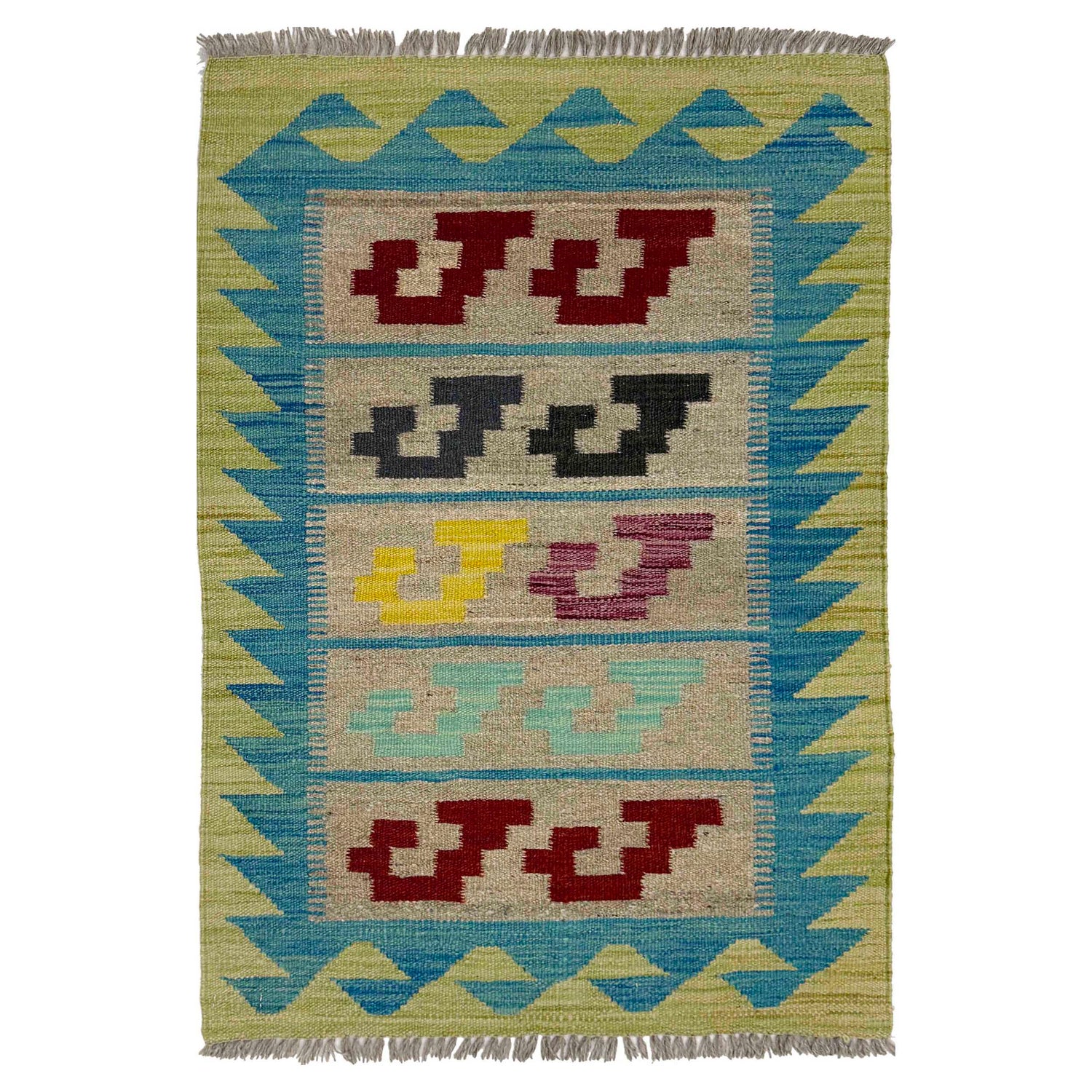 Multi Color ful Flat-Weave Wool Kilim 2' 0" x 3' 1" ft / 61 x 93 cm - No. R38966