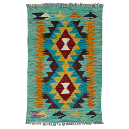 Hand Woven Wool Kelim 2' 0" x 3' 0" ft / 60 x 92 cm - No. R38970