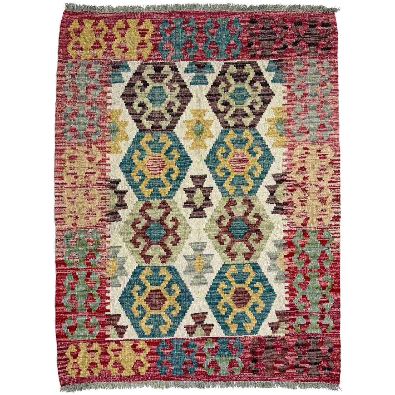 Multi Color ful Flat-Weave Wool Kilim 3' 5" x 4' 8" ft / 103 x 143 cm - No. R38981