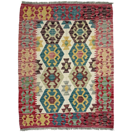 Multi Color ful Flat-Weave Wool Kilim 3' 5" x 4' 8" ft / 103 x 143 cm - No. R38981