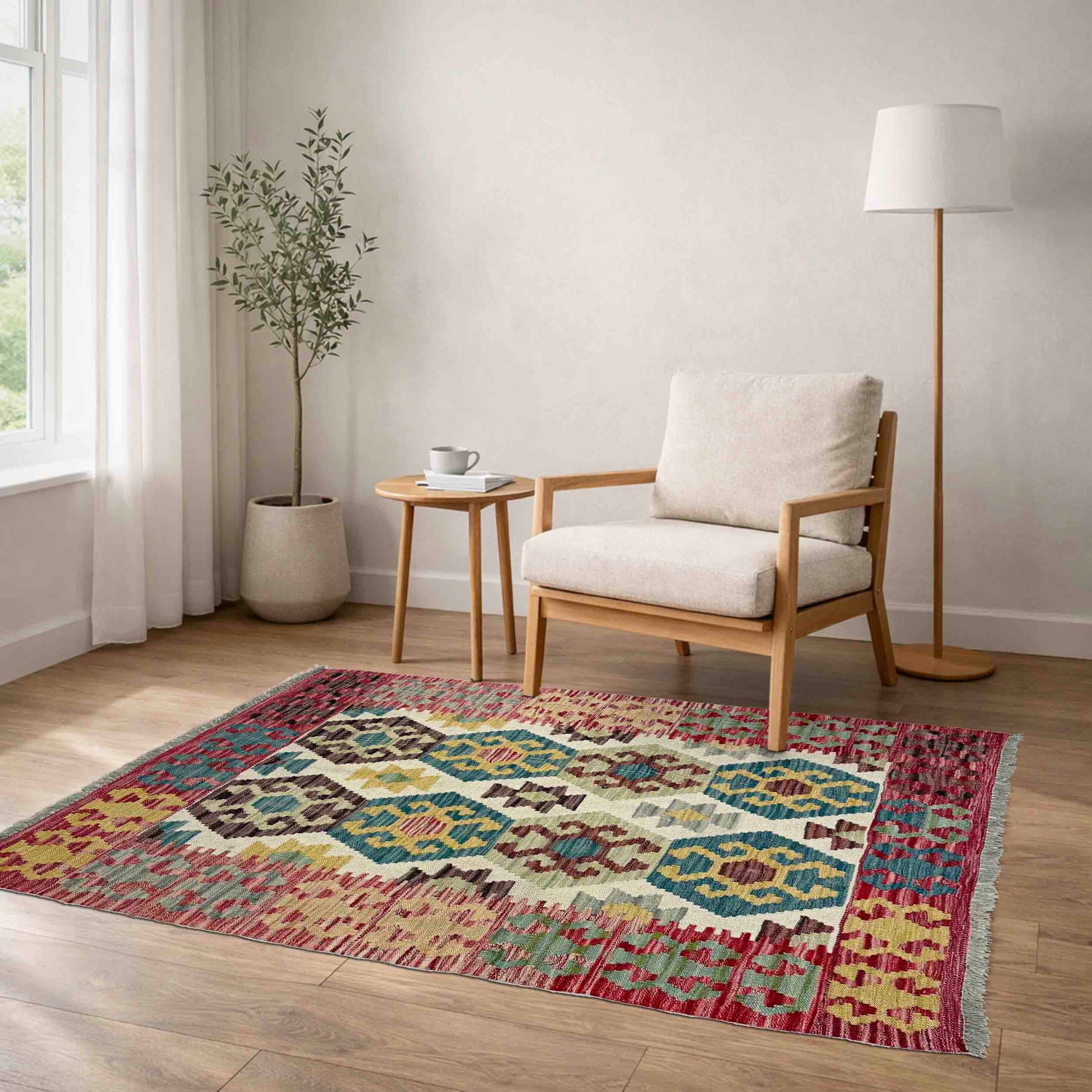 Multi Color ful Flat-Weave Wool Kilim 3' 5" x 4' 8" ft / 103 x 143 cm - No. R38981