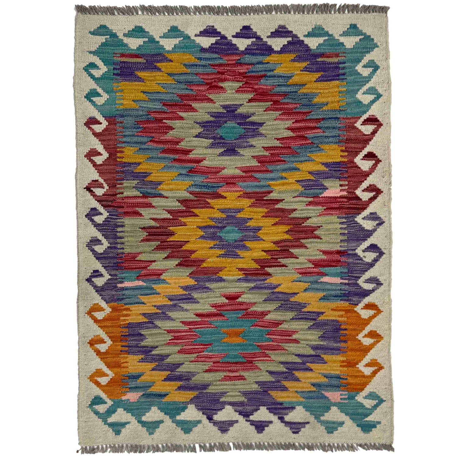 Multi Color ful Flat-Weave Wool Kilim 2' 7" x 3' 10" ft / 80 x 118 cm - No. R38995