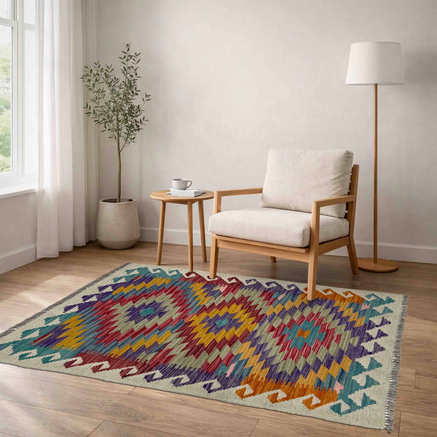 Multi Color ful Flat-Weave Wool Kilim 2' 7" x 3' 10" ft / 80 x 118 cm - No. R38995