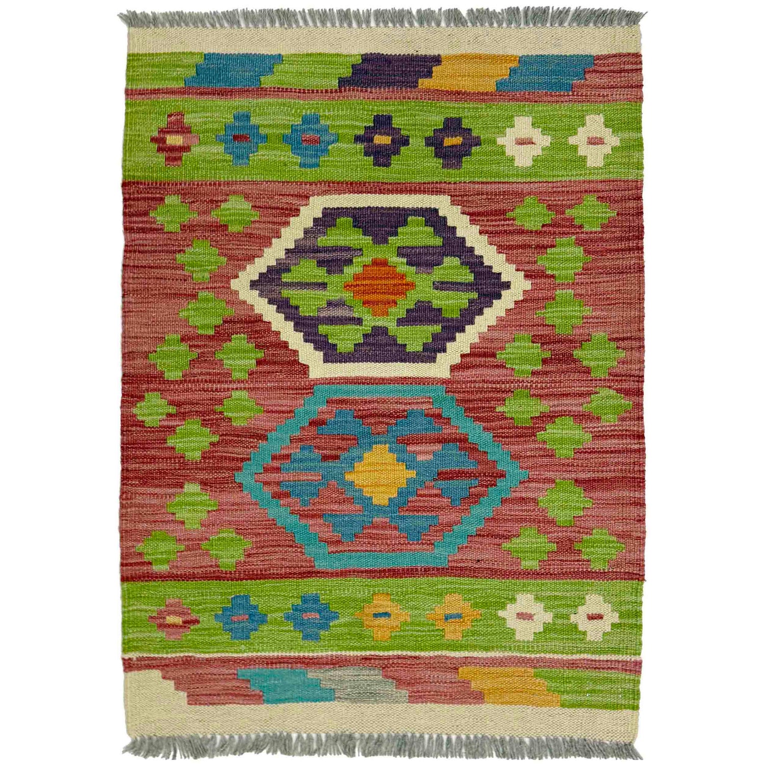 Handmade Turkish Design Wool Kilim 2' 1" x 3' 0" ft / 63 x 90 cm - No. R39013