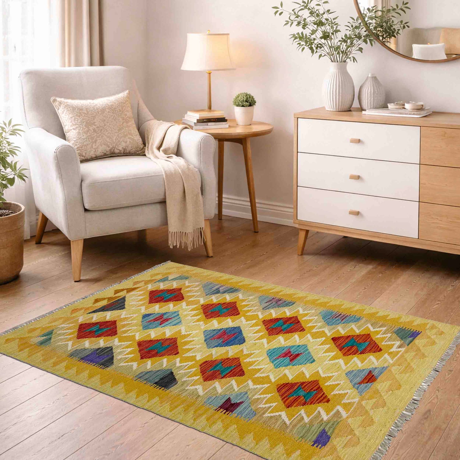 Hand Knotted Afghan Style Kilim 3' 3" x 4' 10" ft / 98 x 147 cm - No. R39024