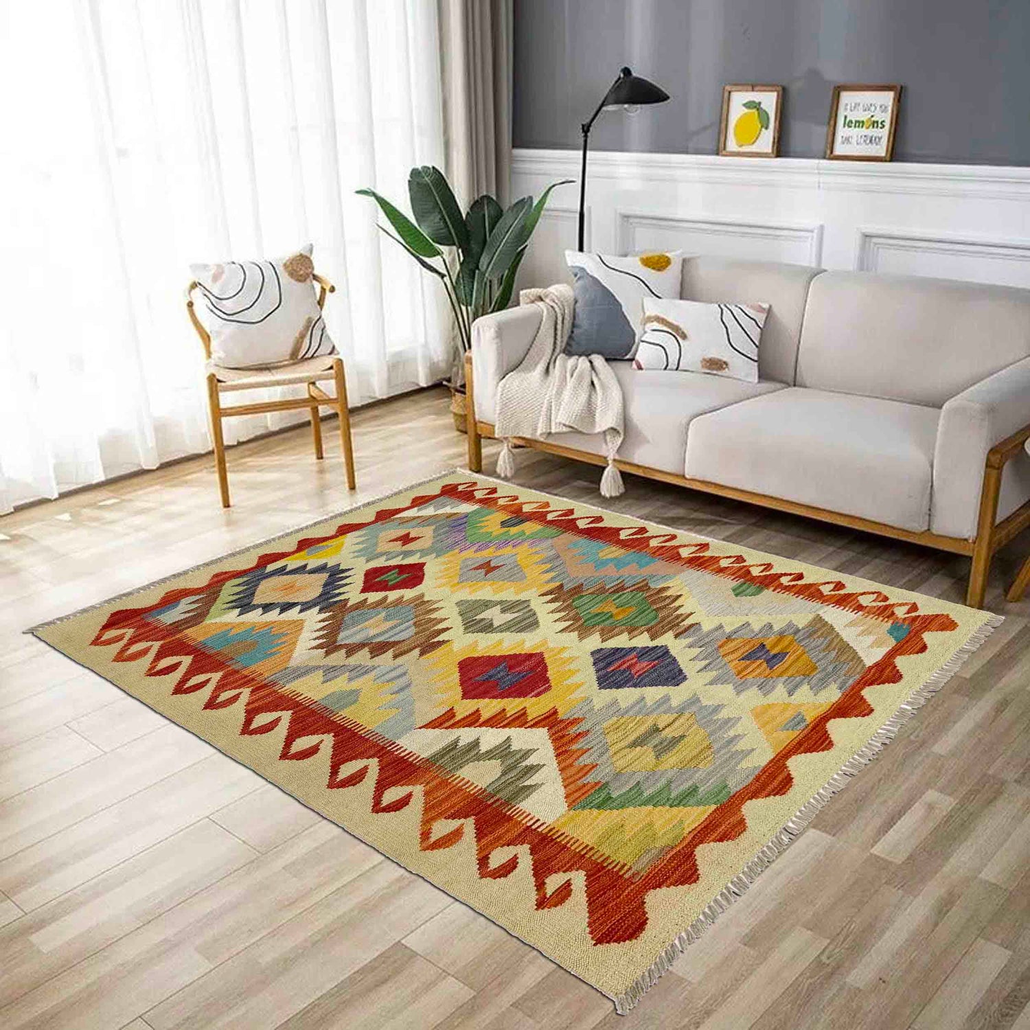 Hand Woven Wool Kelim 3' 5" x 5' 1" ft / 104 x 154 cm - No. R39025