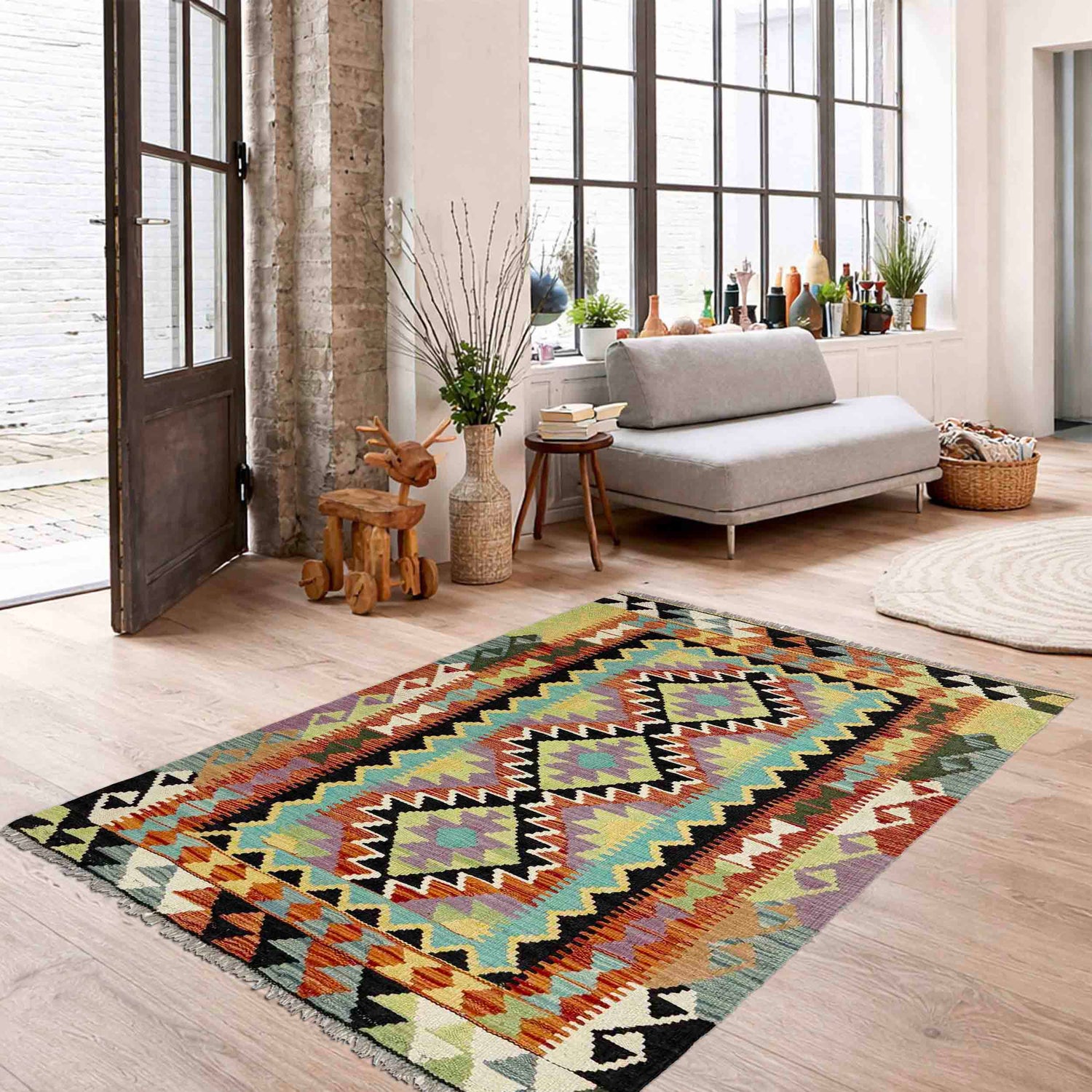Handmade Turkish Design Wool Kilim 3' 4" x 4' 11" ft / 101 x 150 cm - No. R39026