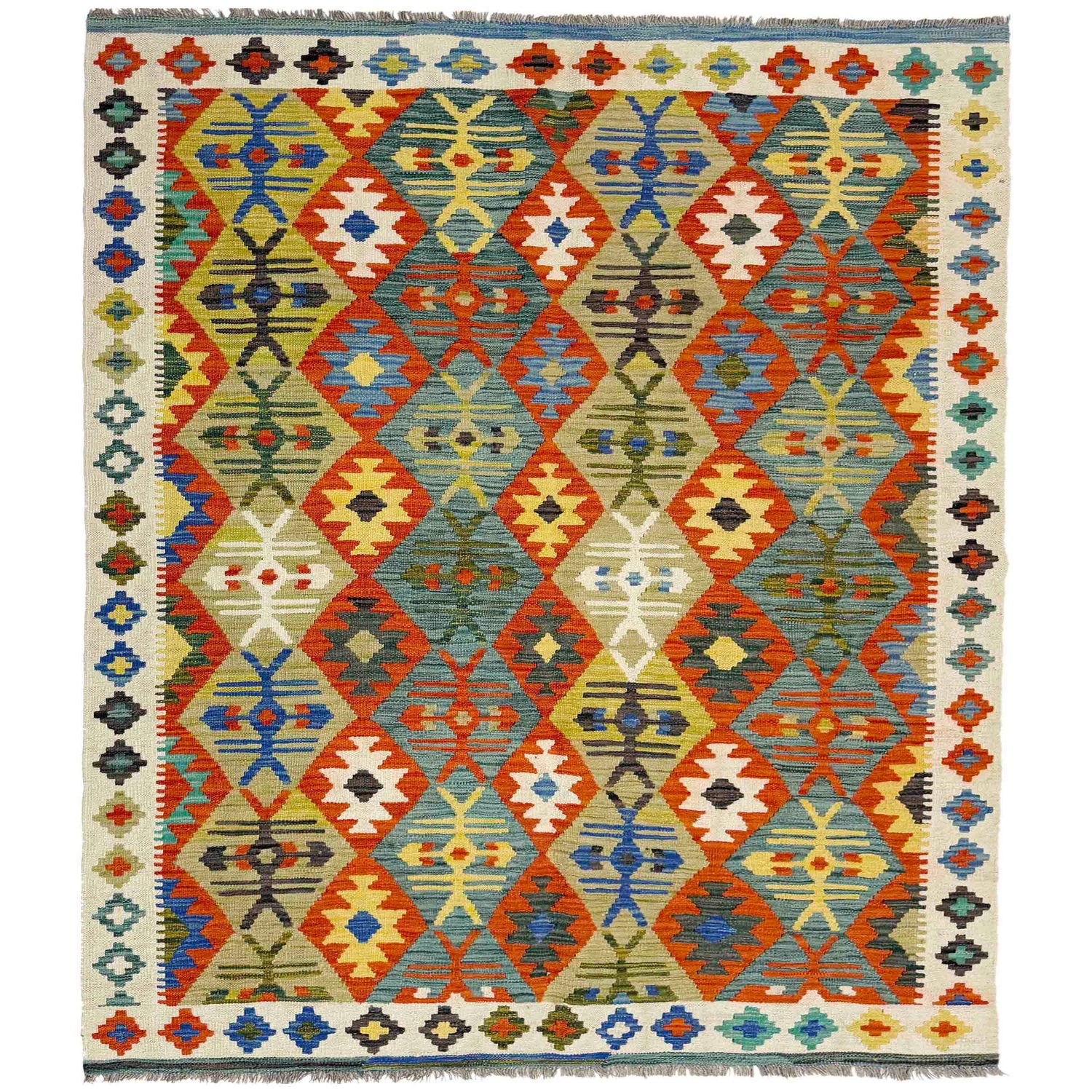 Hand Made Afghan Kilim 5' 1" x 6' 10" ft / 154 x 208 cm - No. R39030