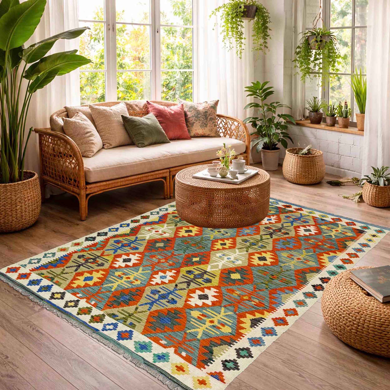 Hand Made Afghan Kilim 5' 1" x 6' 10" ft / 154 x 208 cm - No. R39030