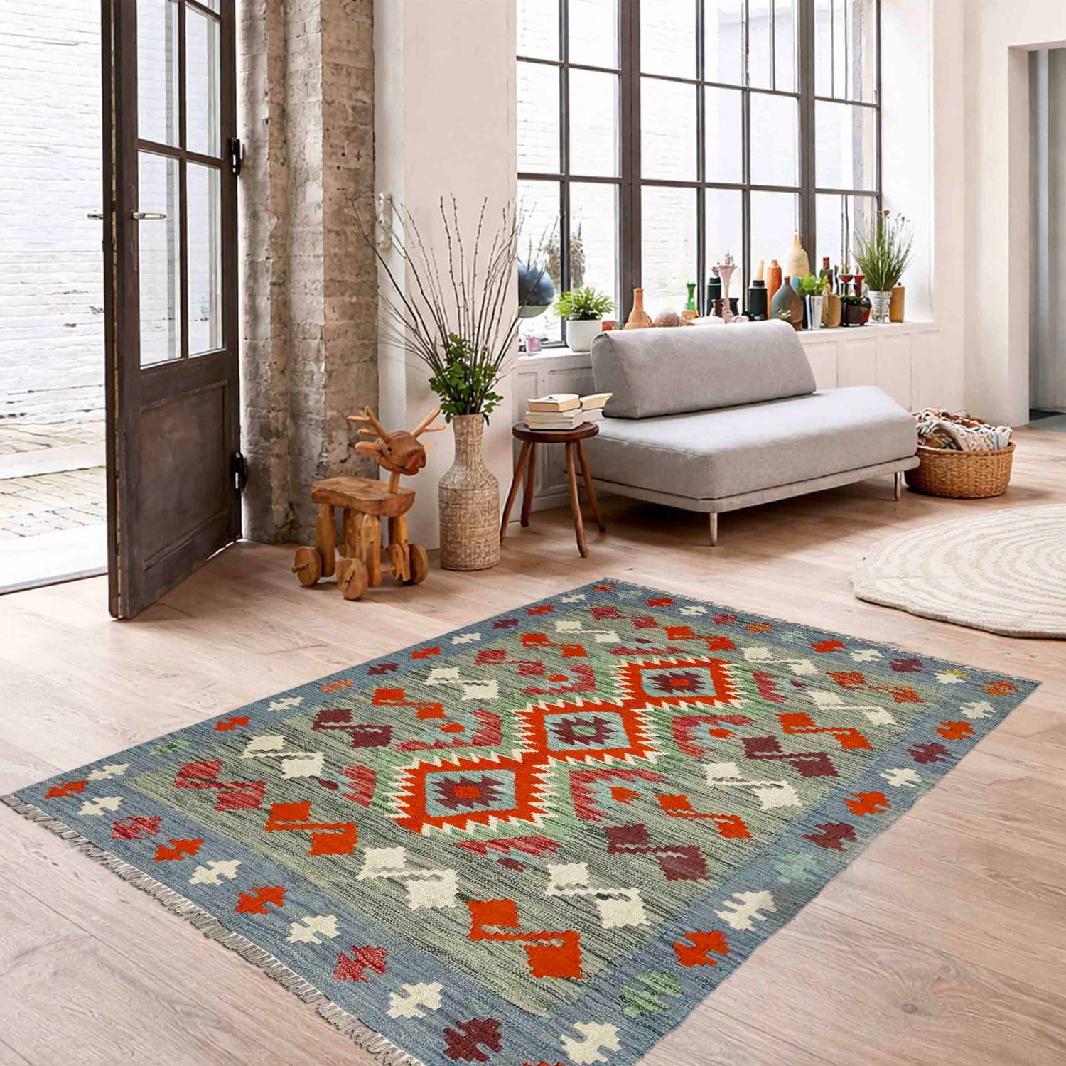 Hand Knotted Afghan Style Kilim 3' 9" x 5' 0" ft / 115 x 153 cm - No. R39033