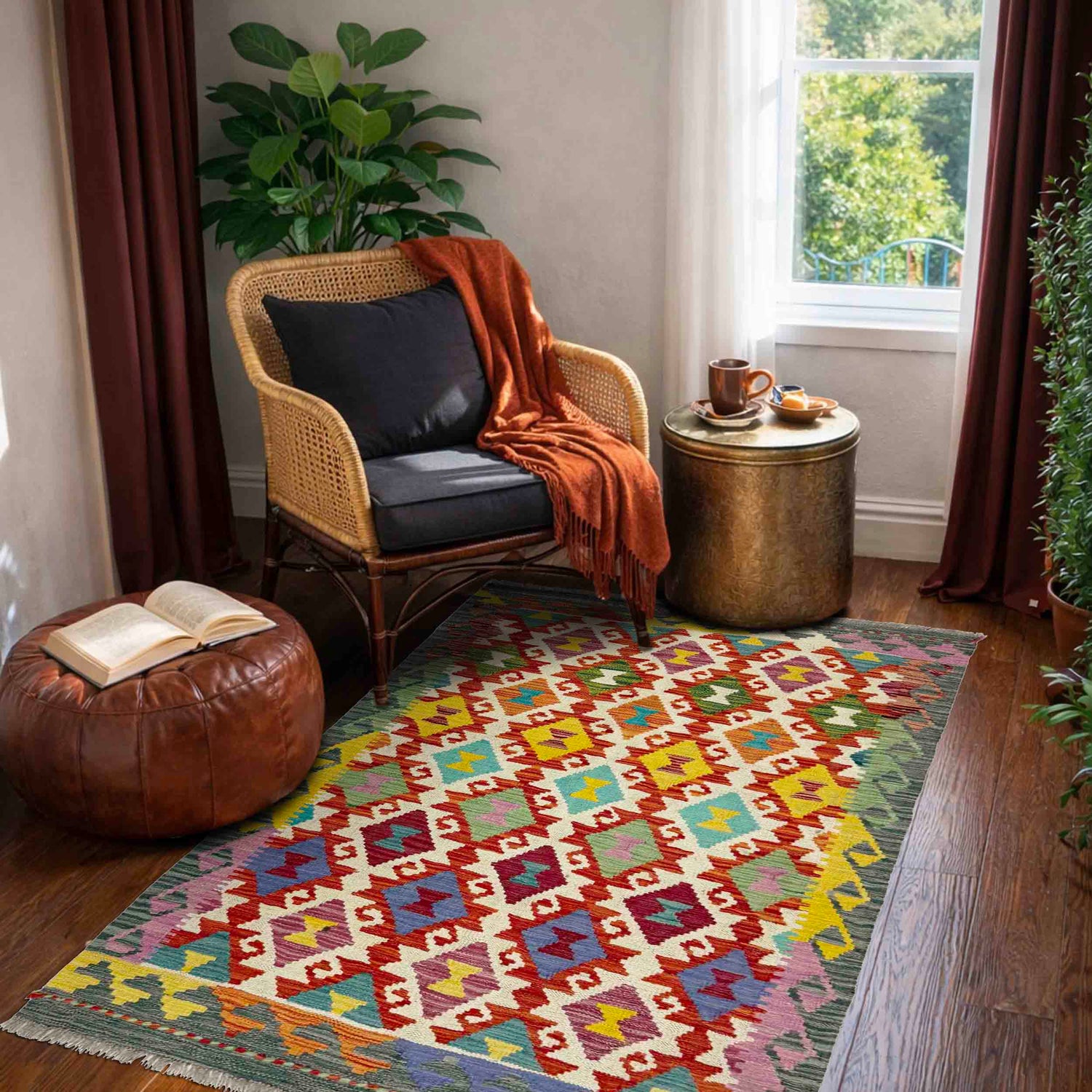 Handmade Afghan Vegetable Kilim 3' 3" x 4' 10" ft / 100 x 148 cm - No. R39034