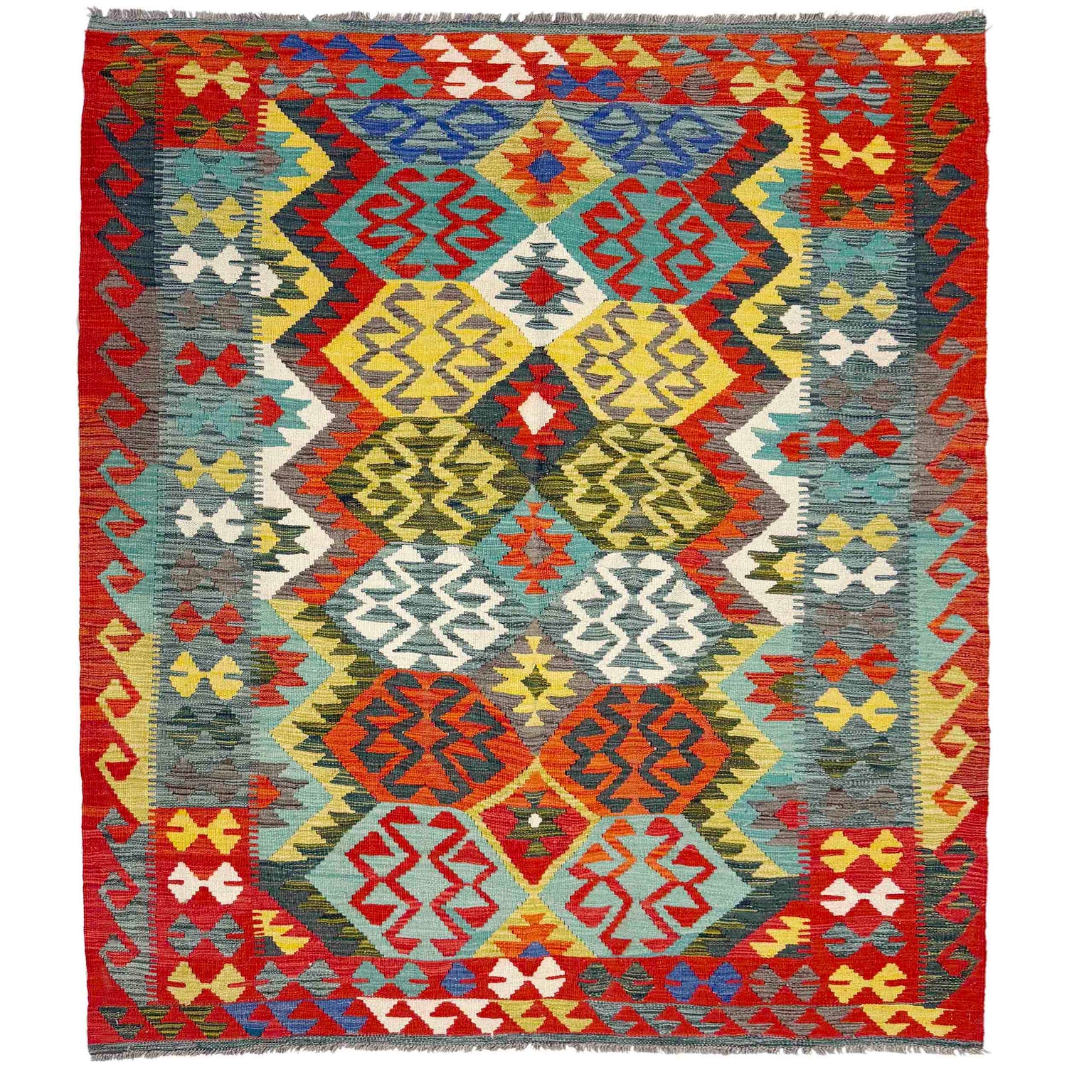 Multi Color ful Flat-Weave Wool Kilim 5' 1" x 6' 8" ft / 155 x 204 cm - No. R39035
