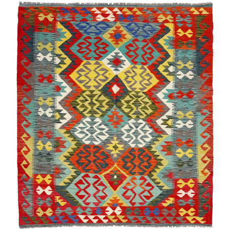 Multi Color ful Flat-Weave Wool Kilim 5' 1" x 6' 8" ft / 155 x 204 cm - No. R39035