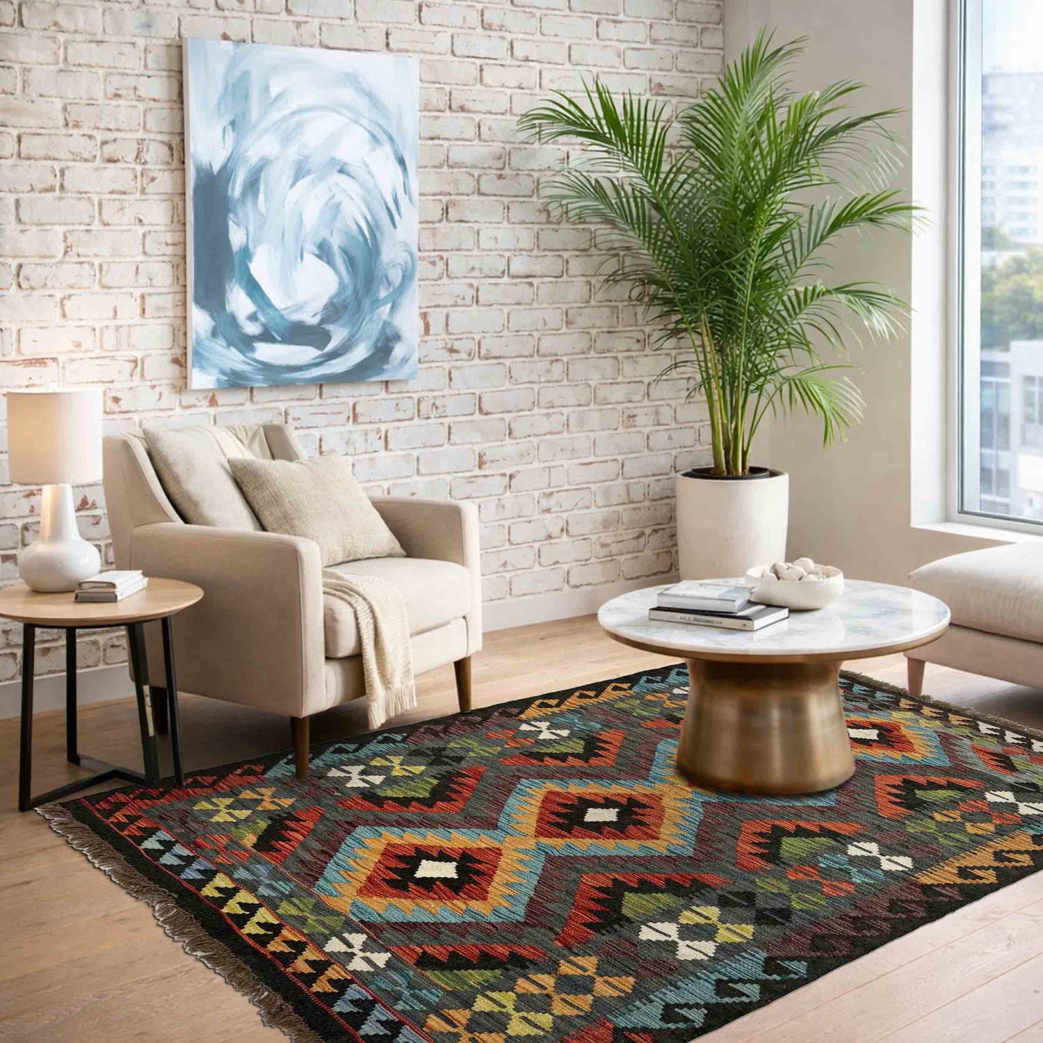 Handmade Turkish Design Wool Kilim 3' 3" x 4' 10" ft / 98 x 147 cm - No. R39039