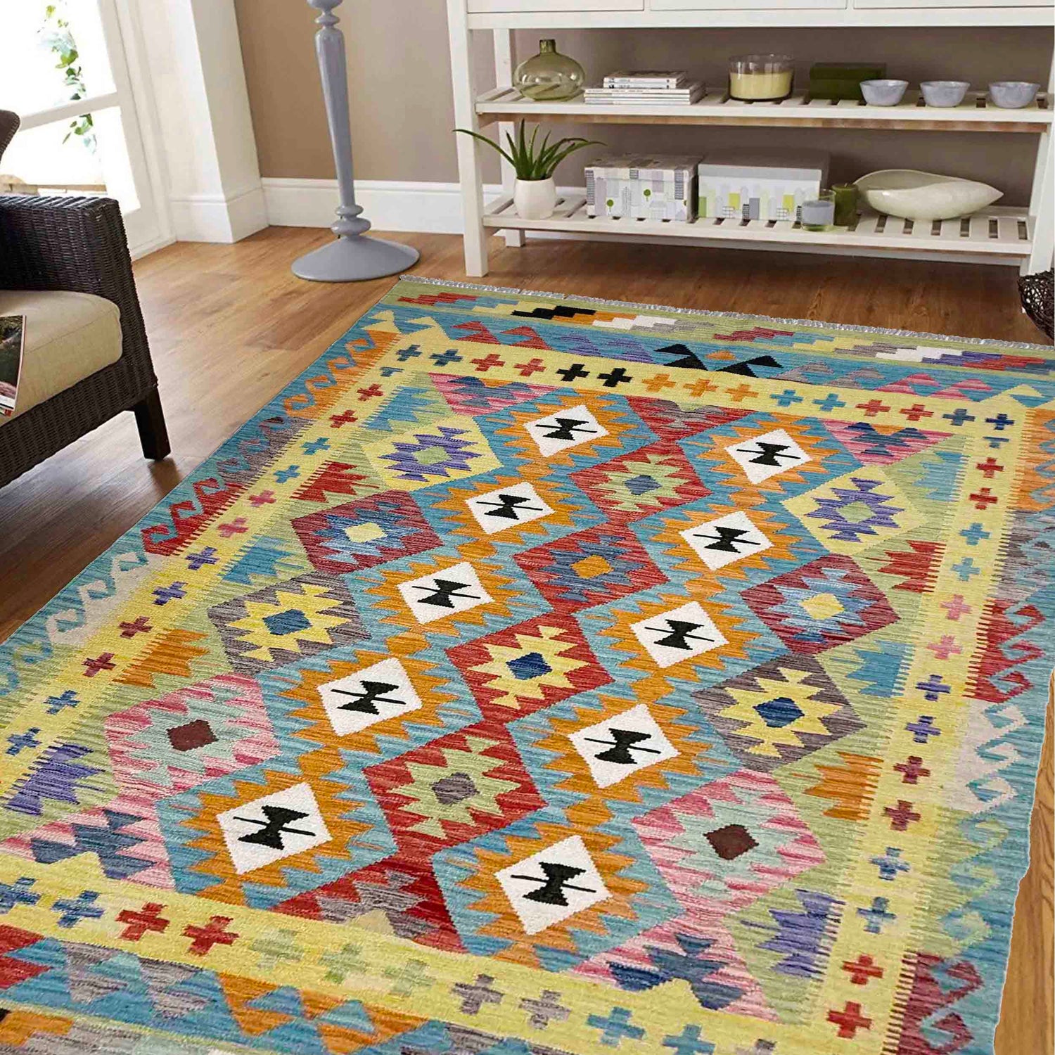 Hand Knotted Afghan Style Kilim 5' 2" x 6' 9" ft / 158 x 207 cm - No. R39046