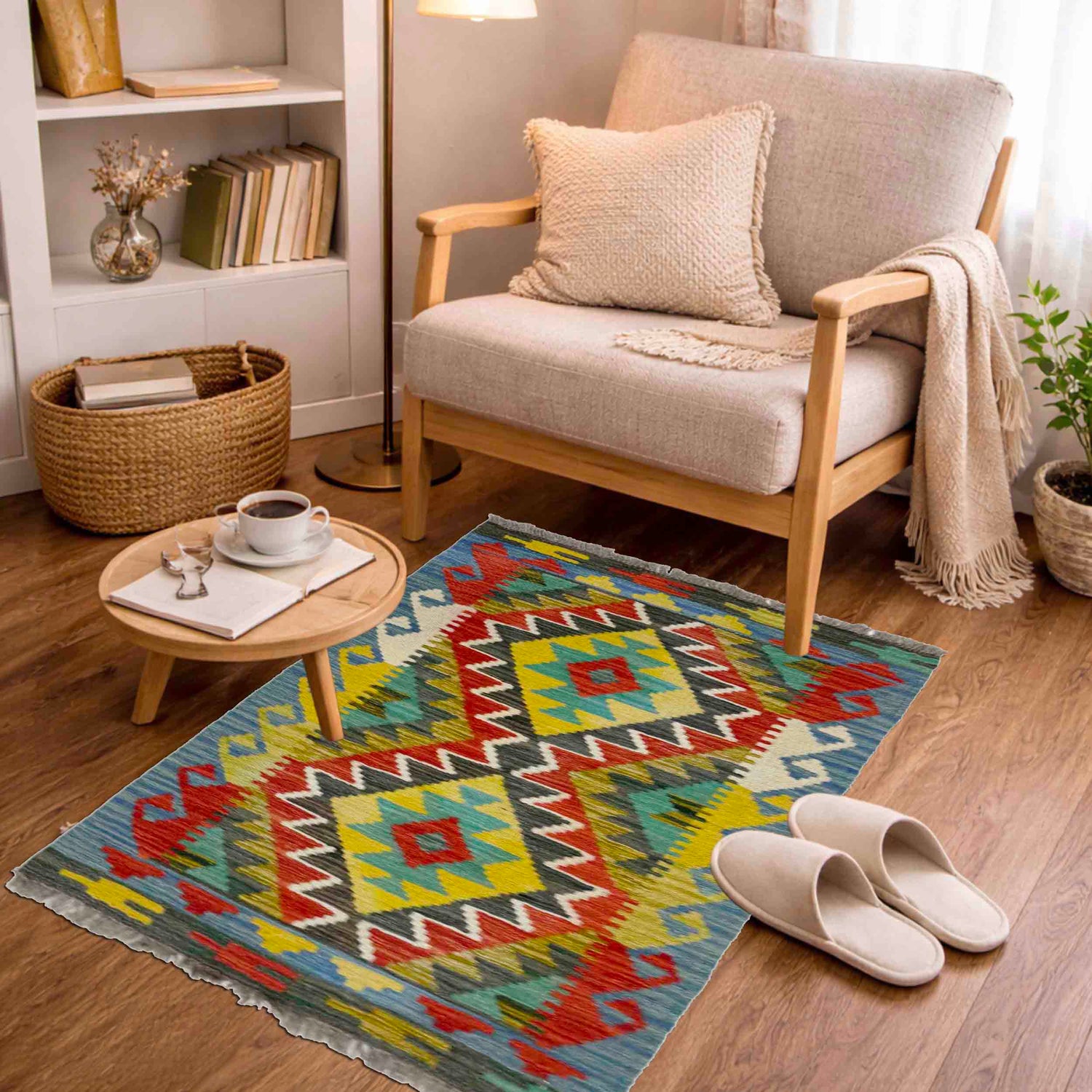 Multi Color ful Flat-Weave Wool Kilim 2' 1" x 2' 11" ft / 63 x 90 cm - No. R39053