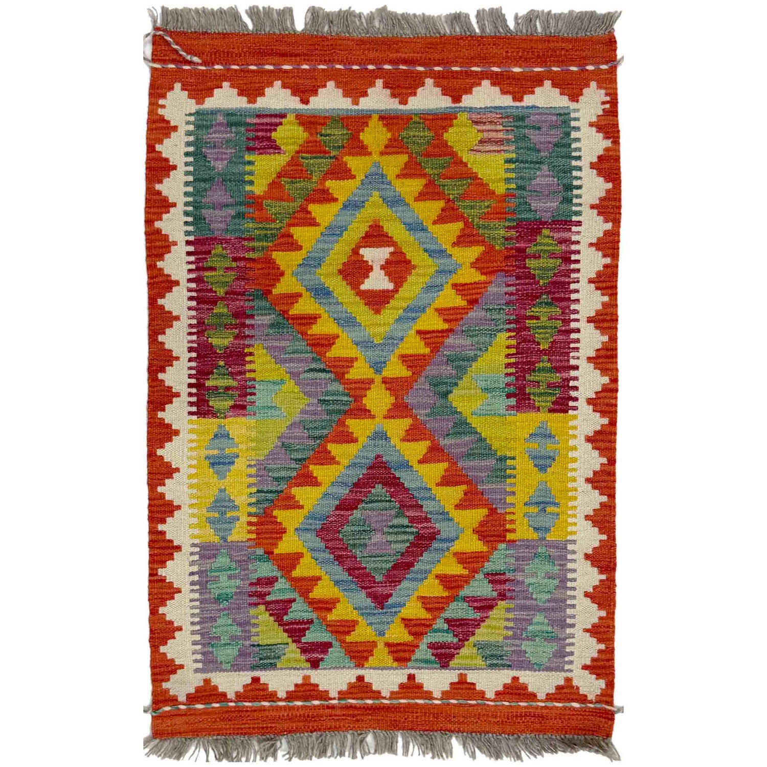 Hand Knotted Afghan Style Kilim 2' 1" x 3' 1" ft / 64 x 94 cm - No. R39058