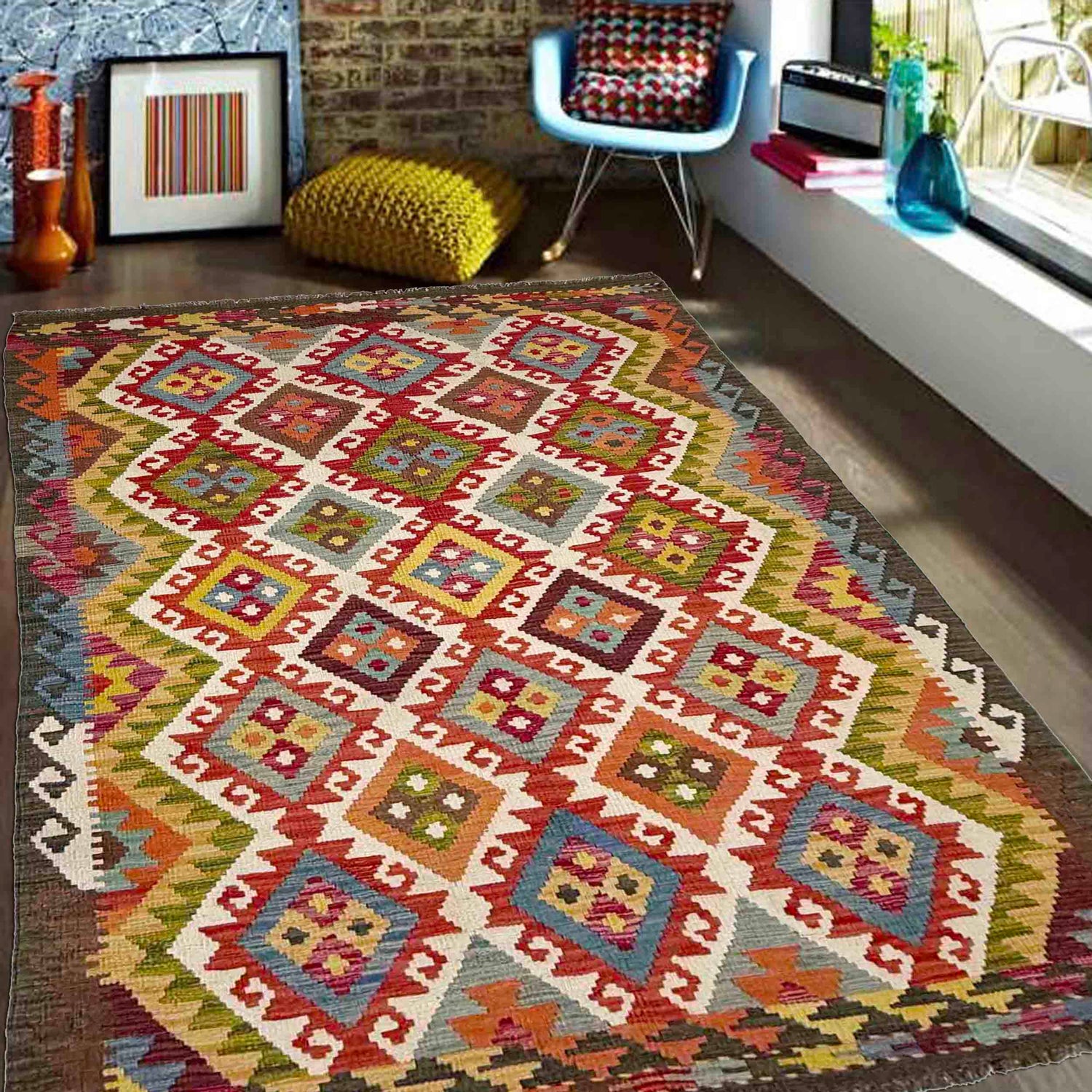 Handmade Vegetable Kilim 4' 4" x 6' 11" ft / 132 x 212 cm - No. R39072