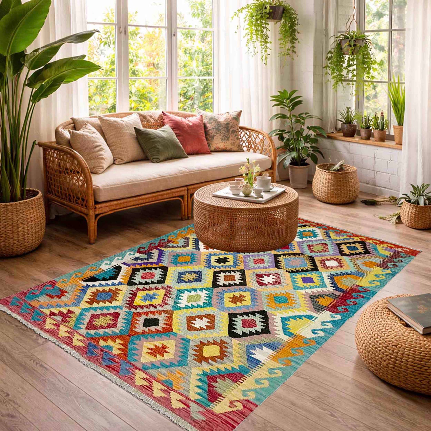Hand Made Afghan Kilim 5' 3" x 6' 9" ft / 159 x 205 cm - No. R39083