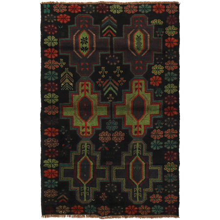 Black Color Baluchi Rug 4' 2" x 6' 5" ft / 126 x 196 cm - No. W27274