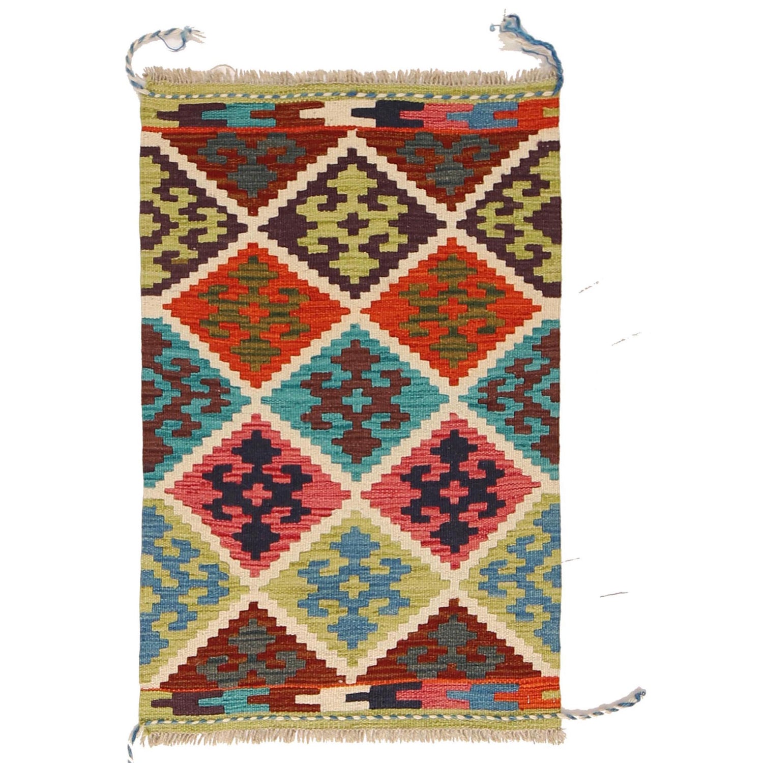 Colorful Flat-Weave Wool Kilim 2' 0 x 3' 1" ft / 60 x 95 cm - No. W30341