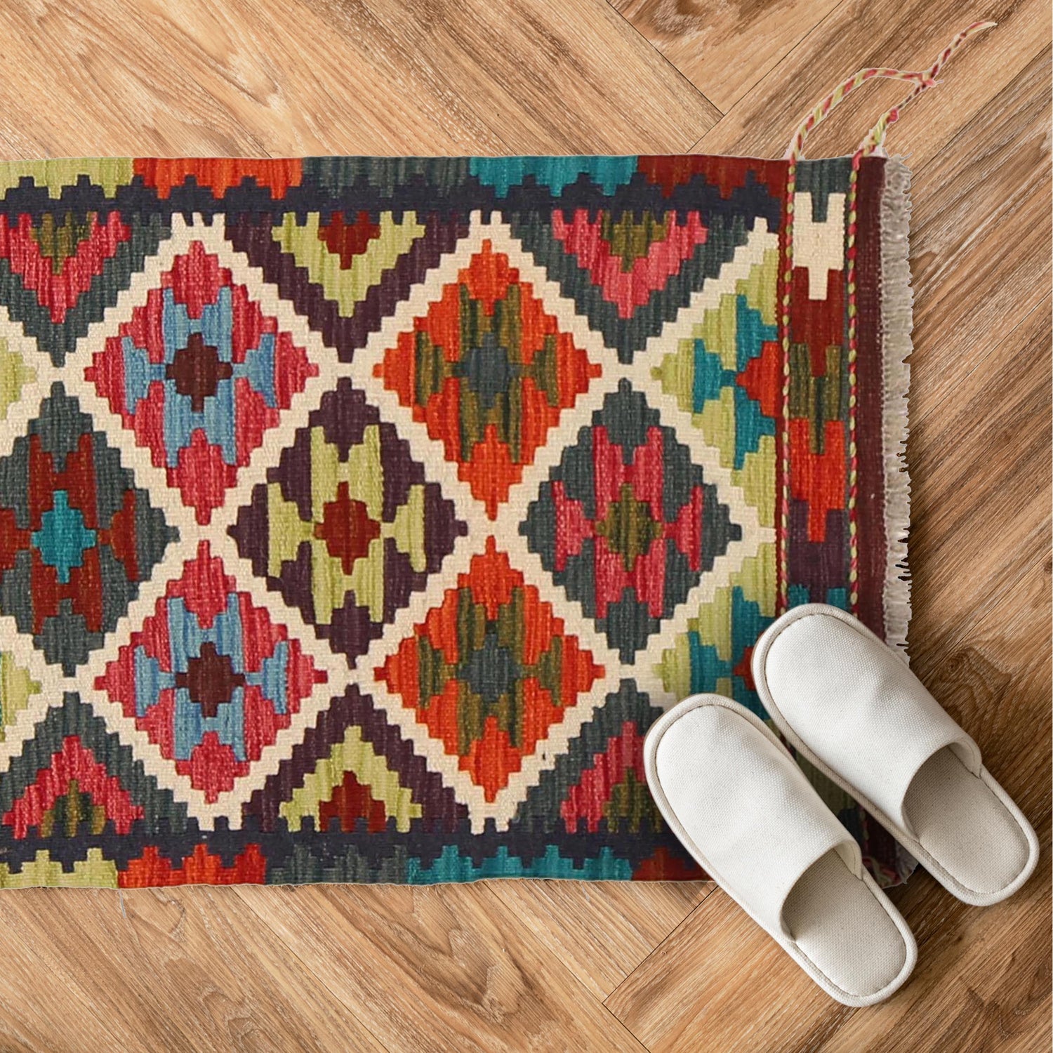 Colorful Flat-Weave Wool Kilim 2' 0 x 2' 11" ft / 60 x 89 cm - No. W30343