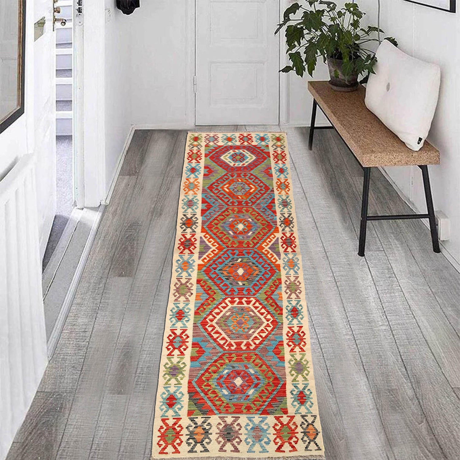 Handmade Turkish Design Wool Kilim Runner 2' 8" x 9' 11" ft / 81 x 301 cm - No. W31061