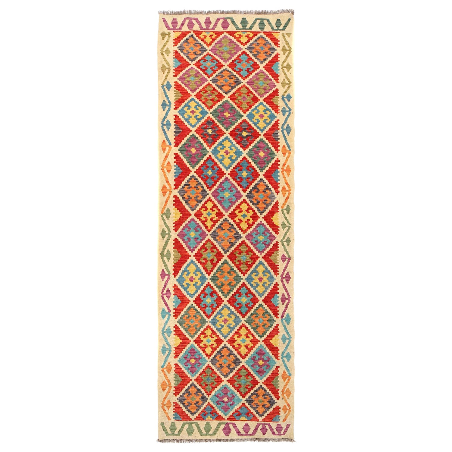 Colorful Flat-Weave Wool Kilim Runner 2' 11" x 9' 8" ft / 90 x 294 cm - No. W31085