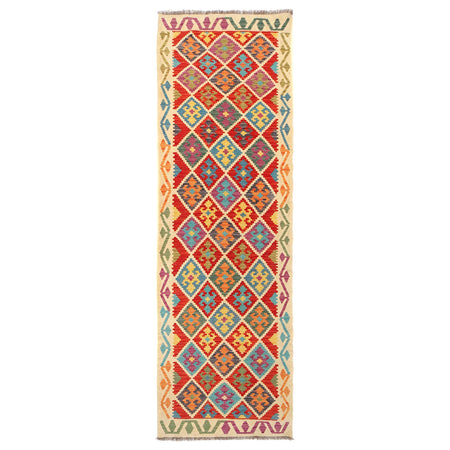 Colorful Flat-Weave Wool Kilim Runner 2' 11" x 9' 8" ft / 90 x 294 cm - No. W31085