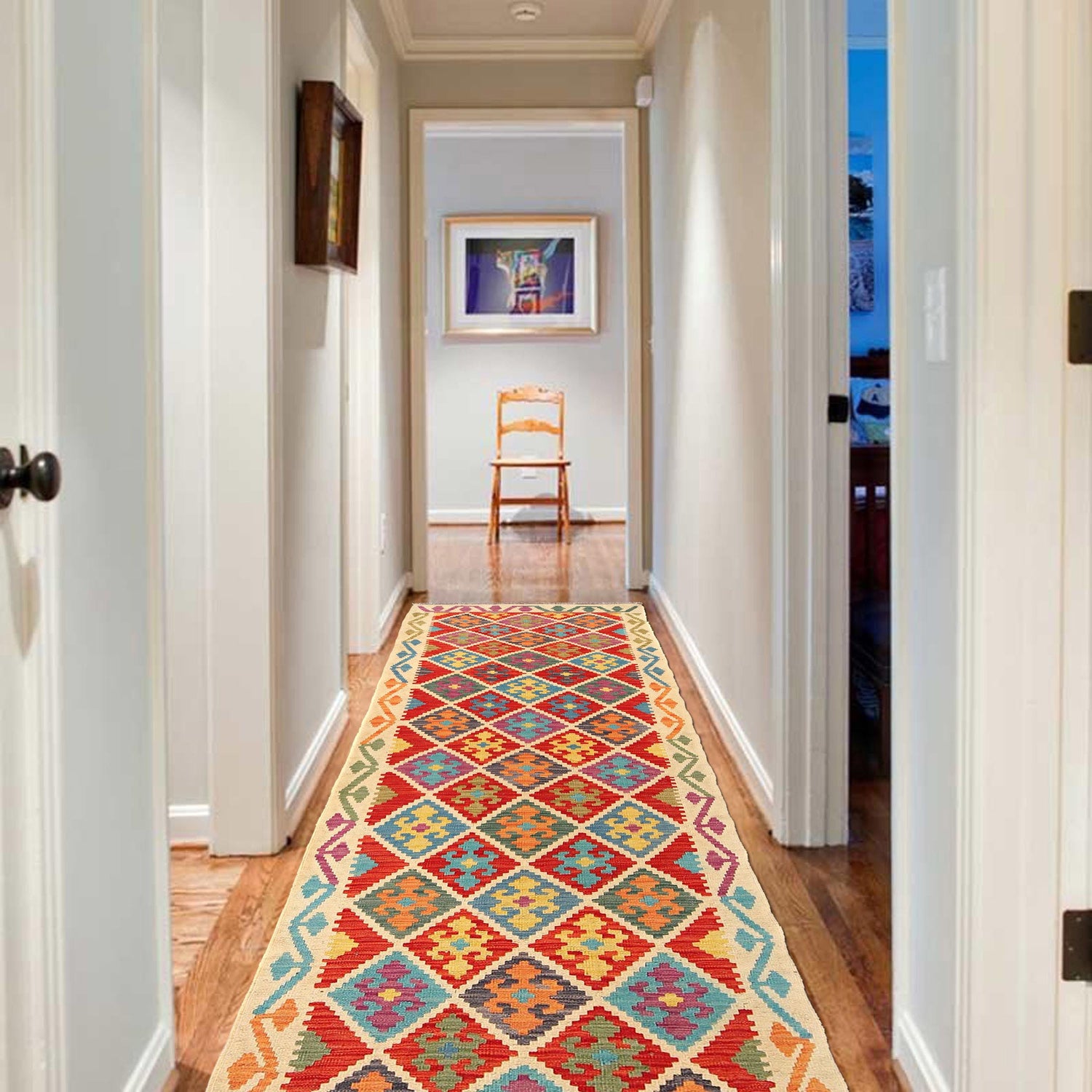 Colorful Flat-Weave Wool Kilim Runner 2' 11" x 9' 8" ft / 90 x 294 cm - No. W31085