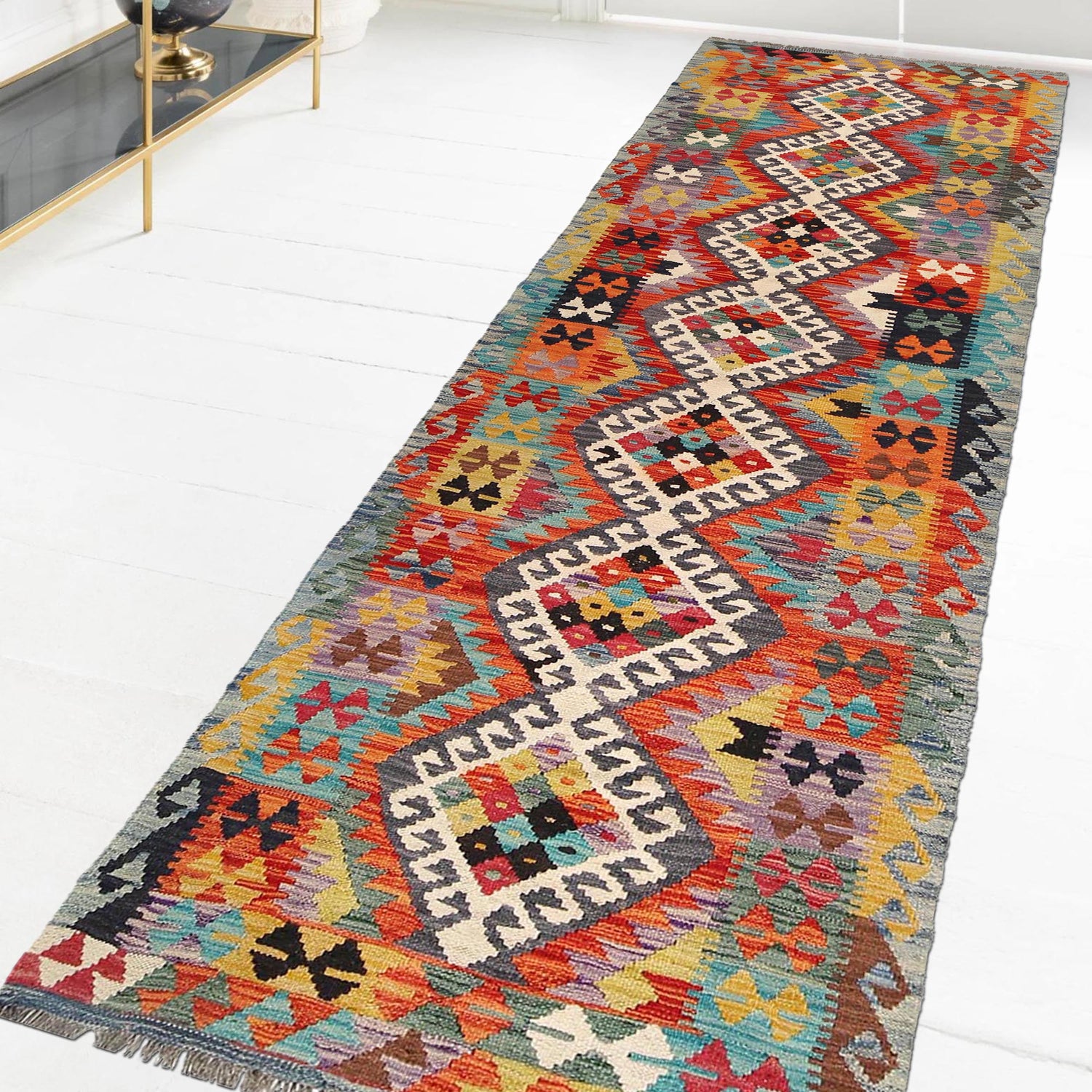 Hand Woven Wool Kelim Runner 2' 8" x 9' 9" ft / 80 x 296 cm - No. W31127