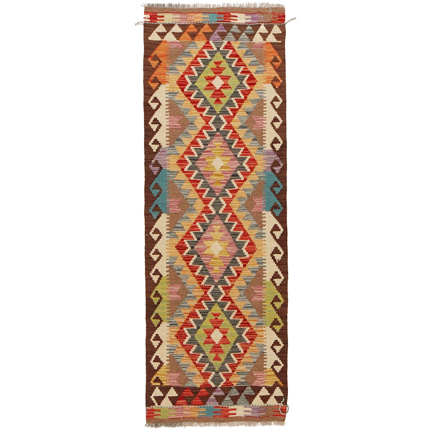 Colorful Flat-Weave Wool Kilim Runner 2' 0"x 6' 6" ft / 62 x 199 cm - No. W31590