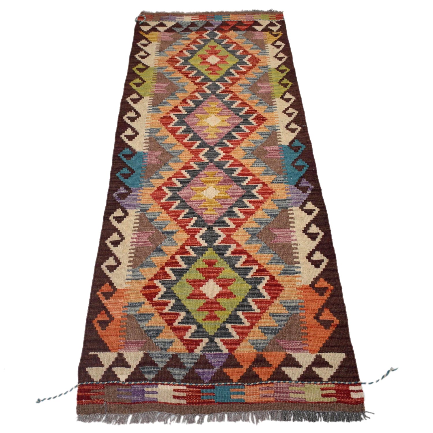 Colorful Flat-Weave Wool Kilim Runner 2' 0"x 6' 6" ft / 62 x 199 cm - No. W31590