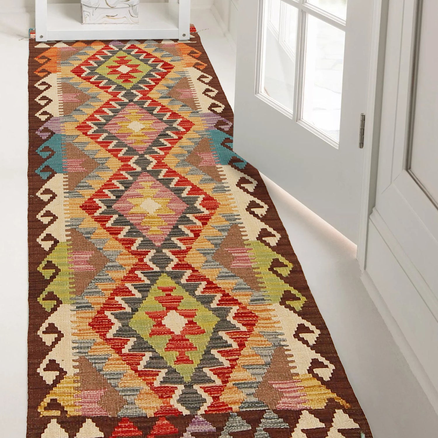 Colorful Flat-Weave Wool Kilim Runner 2' 0"x 6' 6" ft / 62 x 199 cm - No. W31590