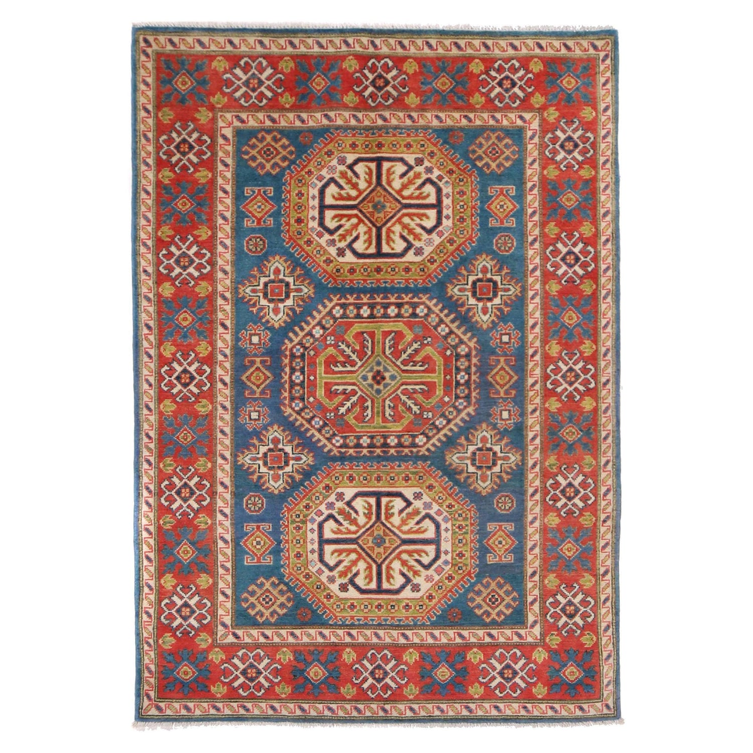 Blue Color Kazak Rug 4' 1" x 5' 10" ft / 124 x 178 cm - No. W34032