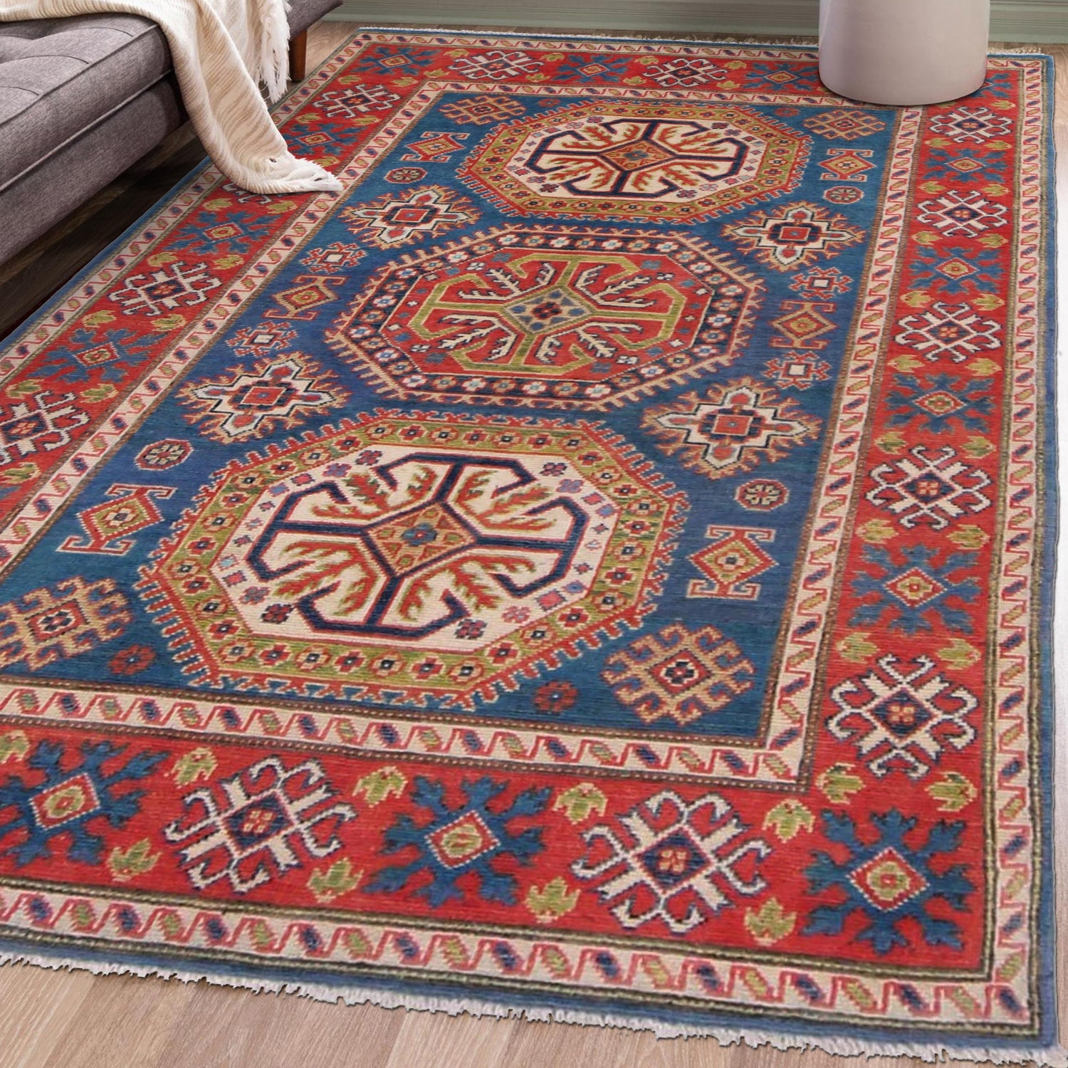 Blue Color Kazak Rug 4' 1" x 5' 10" ft / 124 x 178 cm - No. W34032