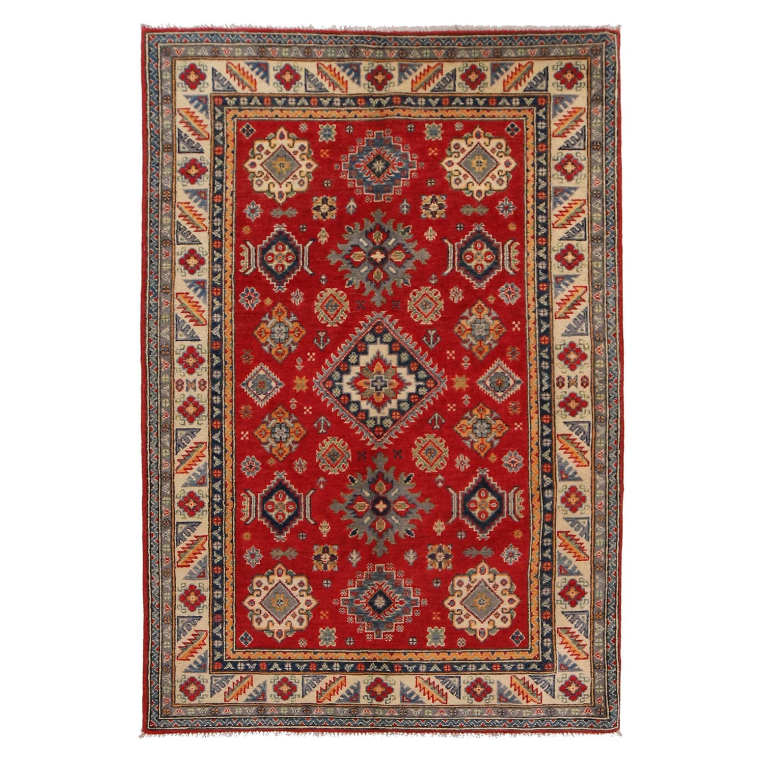 Hand knotted Kazak Carpet 4' 0" x 6' 0" ft / 121 x 182 cm - No. W34047
