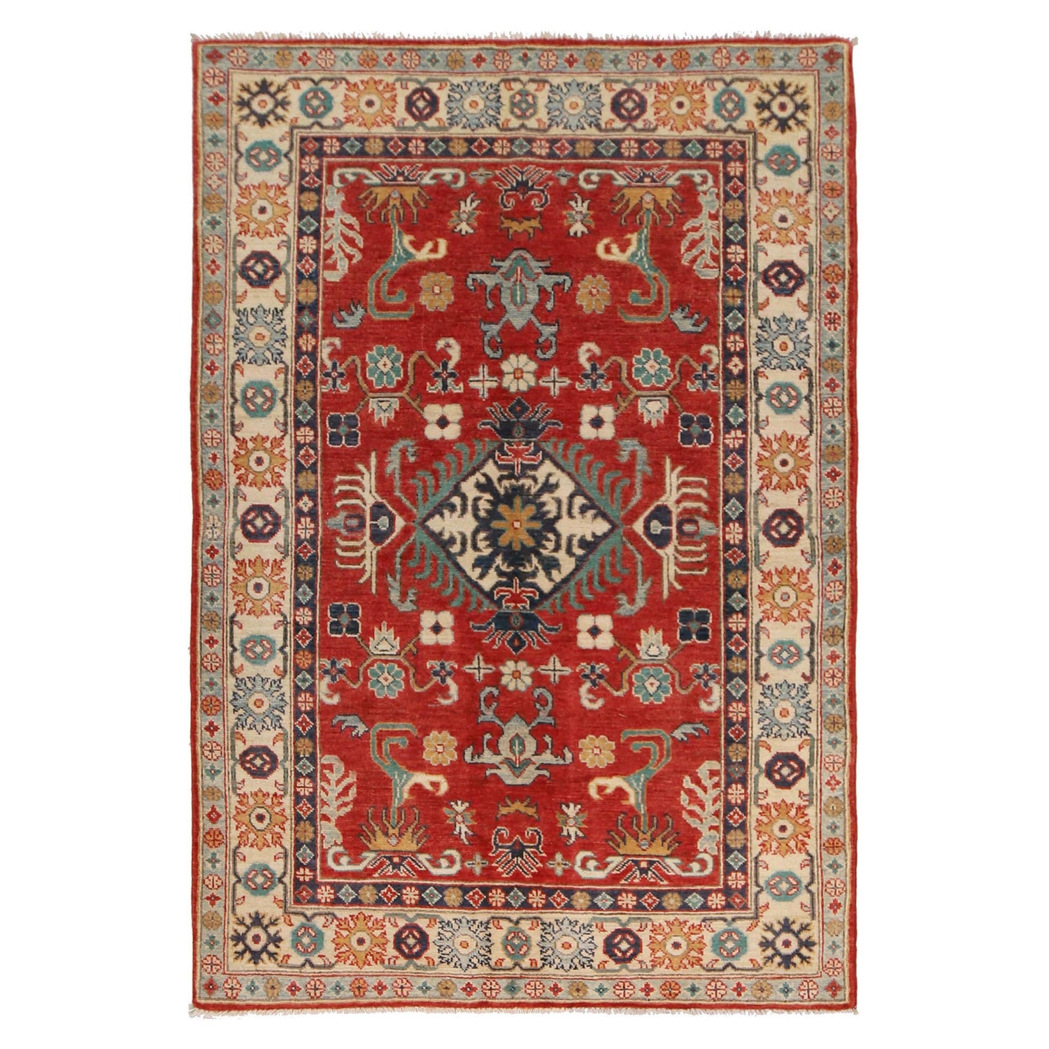 Hand knotted Kazak Carpet 4' 1" x 6' 0" ft / 125 x 183 cm - No. W34048