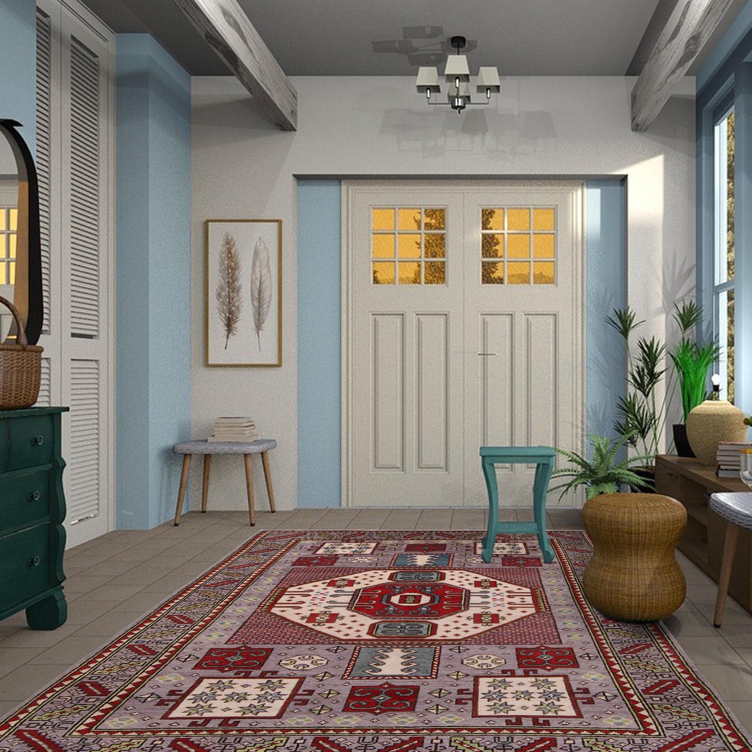 Oriental Mamluk Area Rug 4' 1" x 5' 11" ft / 124 x 179 cm - No. W34075