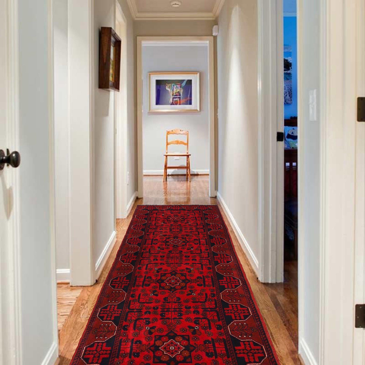 Red Color Afghan Area Runner Rug 2' 8" x 6' 0" ft / 81 x 183 cm - No. W34096