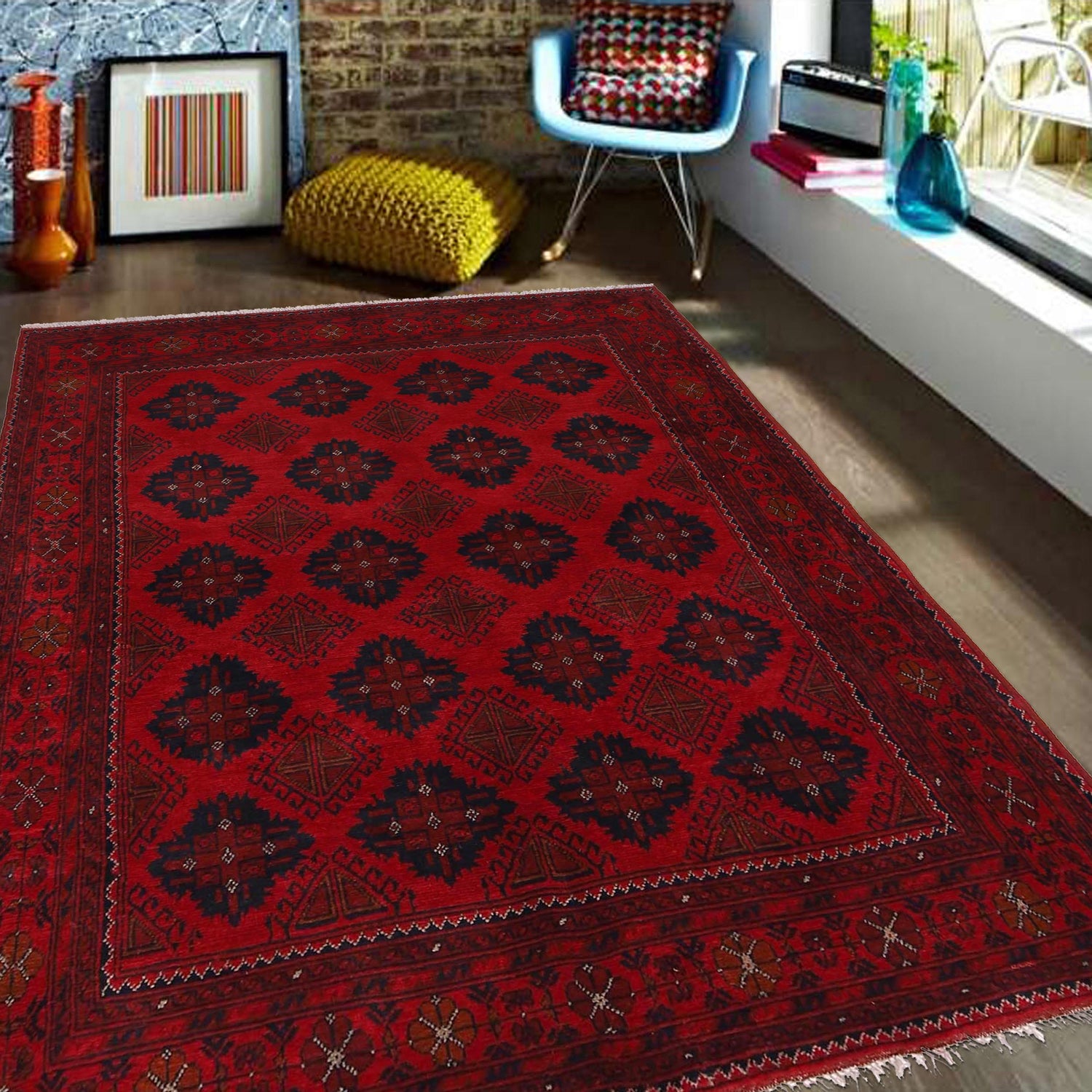 Red Color Afghan Area Rug 5' 1" x 6' 7" ft / 154 x 200 cm - No. W34227