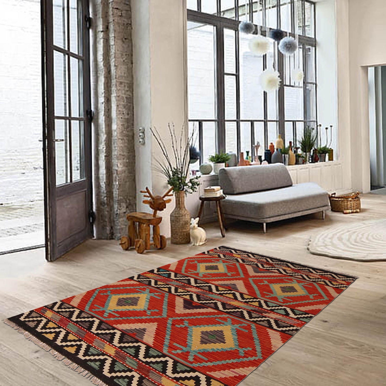 Handmade Afghan Vegetable Kilim 3' 5" x 5' 3" ft / 105 x 160 cm - No. W34749