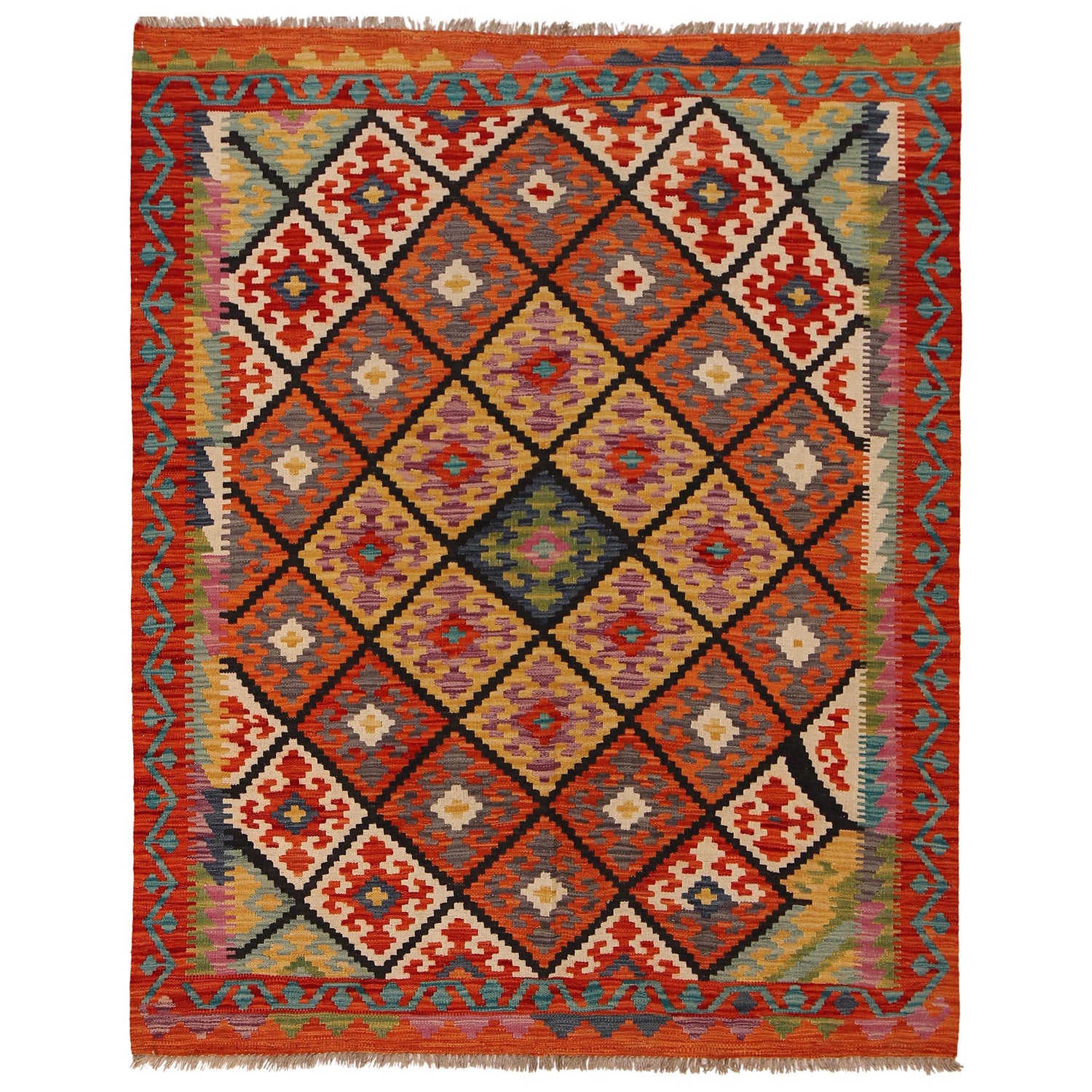 Hand Woven Wool Kelim 5' 0" x 6' 3" ft / 152 x 191 cm - No. W34755