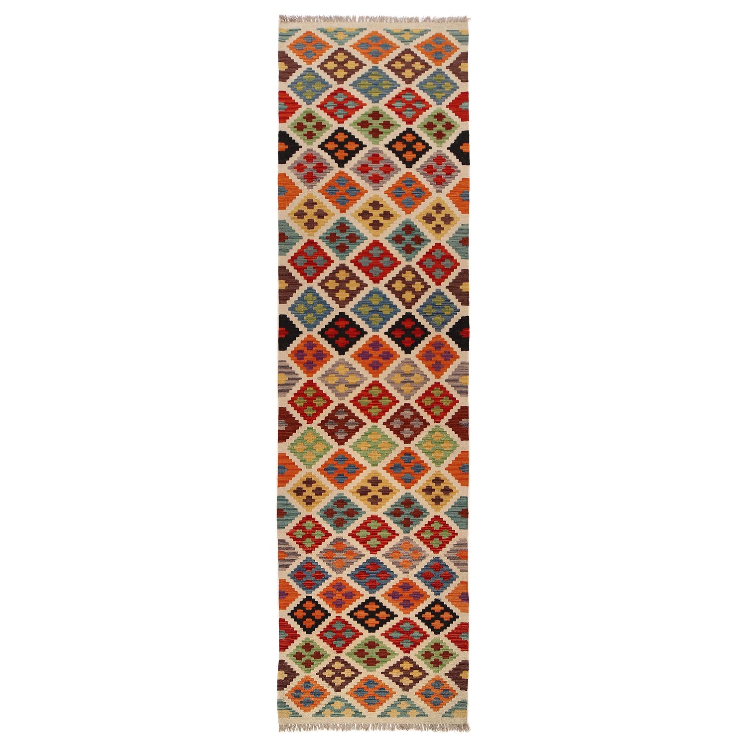 Hand Woven Wool Kelim Runner 2' 7" x 10' 3" ft / 78 x 312 cm - No. W34758