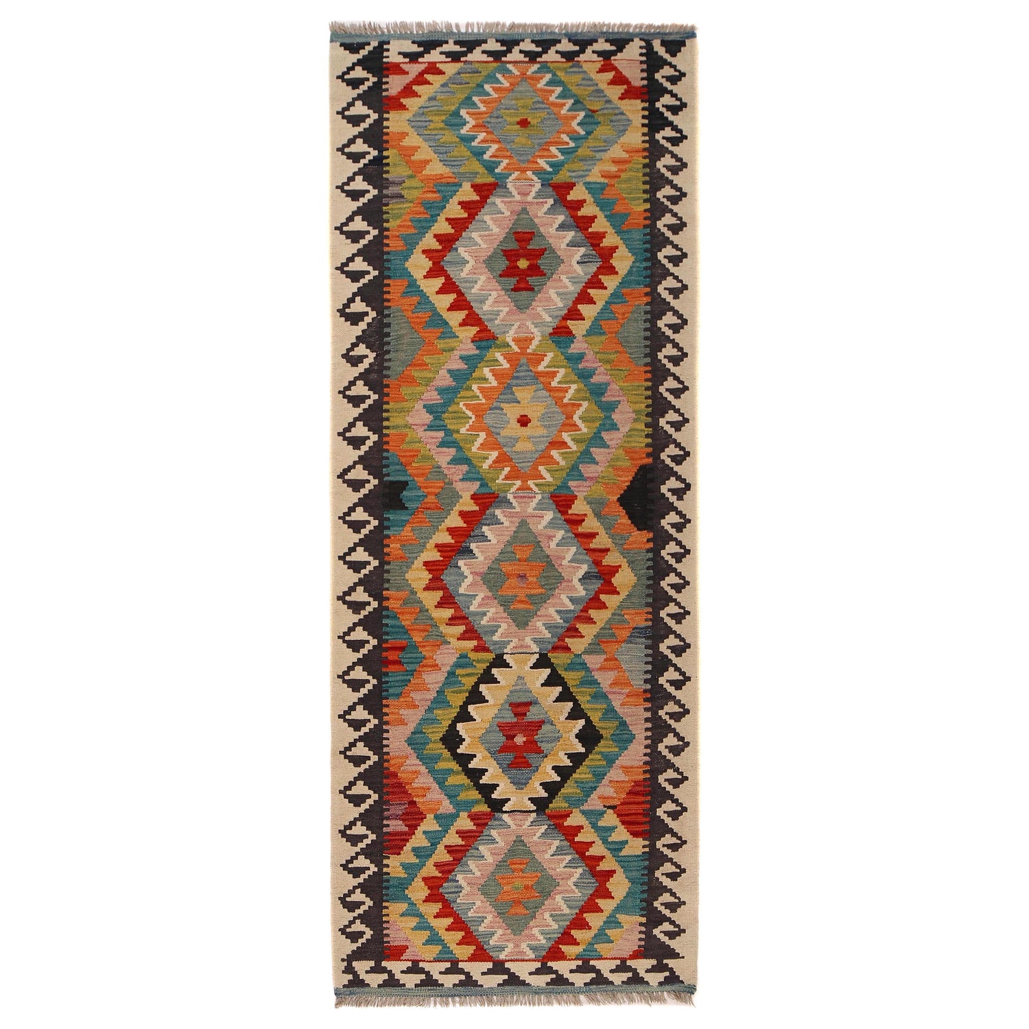 Hand Knotted Afghan Style Kilim Runner 2' 11" x 8' 0" ft / 88 x244 cm - No. W34772