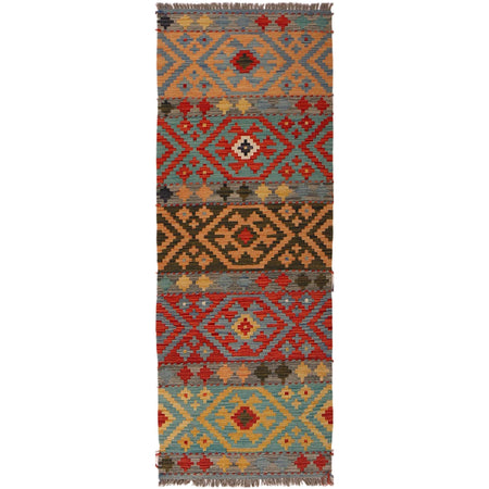 Colorful Flat-Weave Wool Kilim Runner 2' 4"x 6' 5" ft / 71 x 196 cm - No. W34774