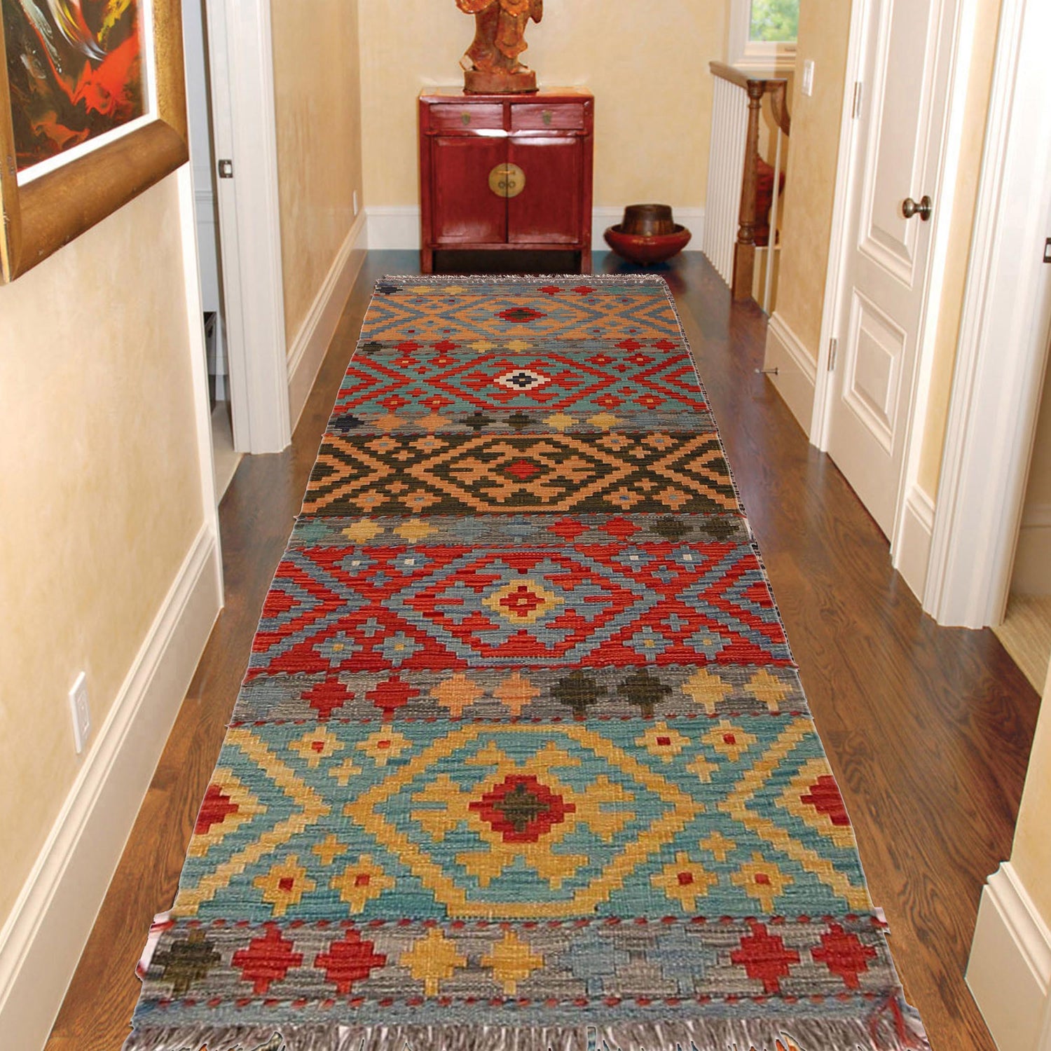 Colorful Flat-Weave Wool Kilim Runner 2' 4"x 6' 5" ft / 71 x 196 cm - No. W34774