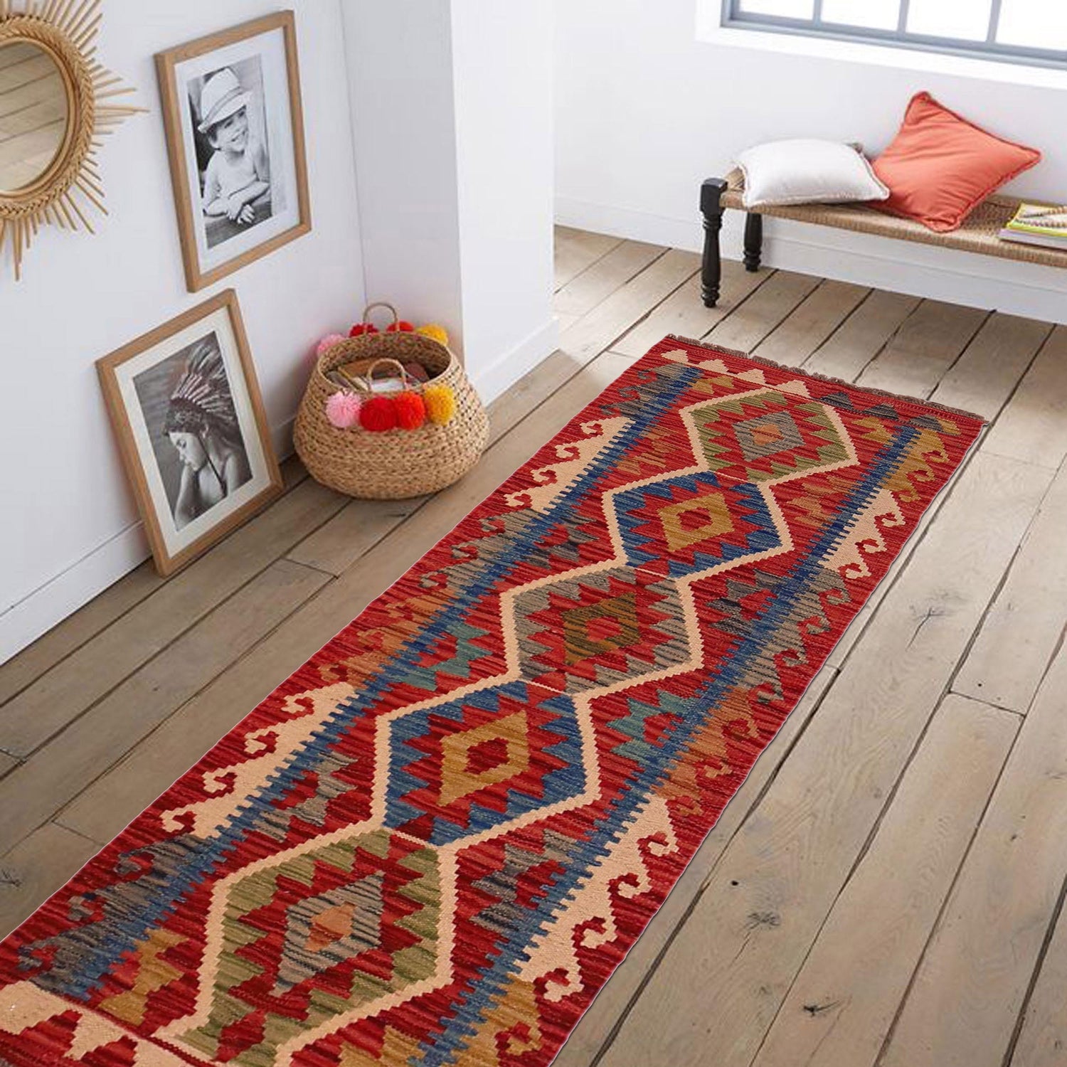 Multi Color ful Flat-Weave Wool Kilim Runner 1' 9" x 4' 9"  ft / 54 x 144 cm - No. W35949