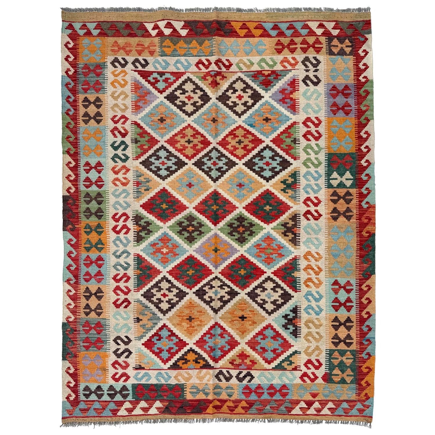 Hand Knotted Afghan Style Kilim 5' 1" x 6' 7" ft / 154 x 200 cm - No. W36768